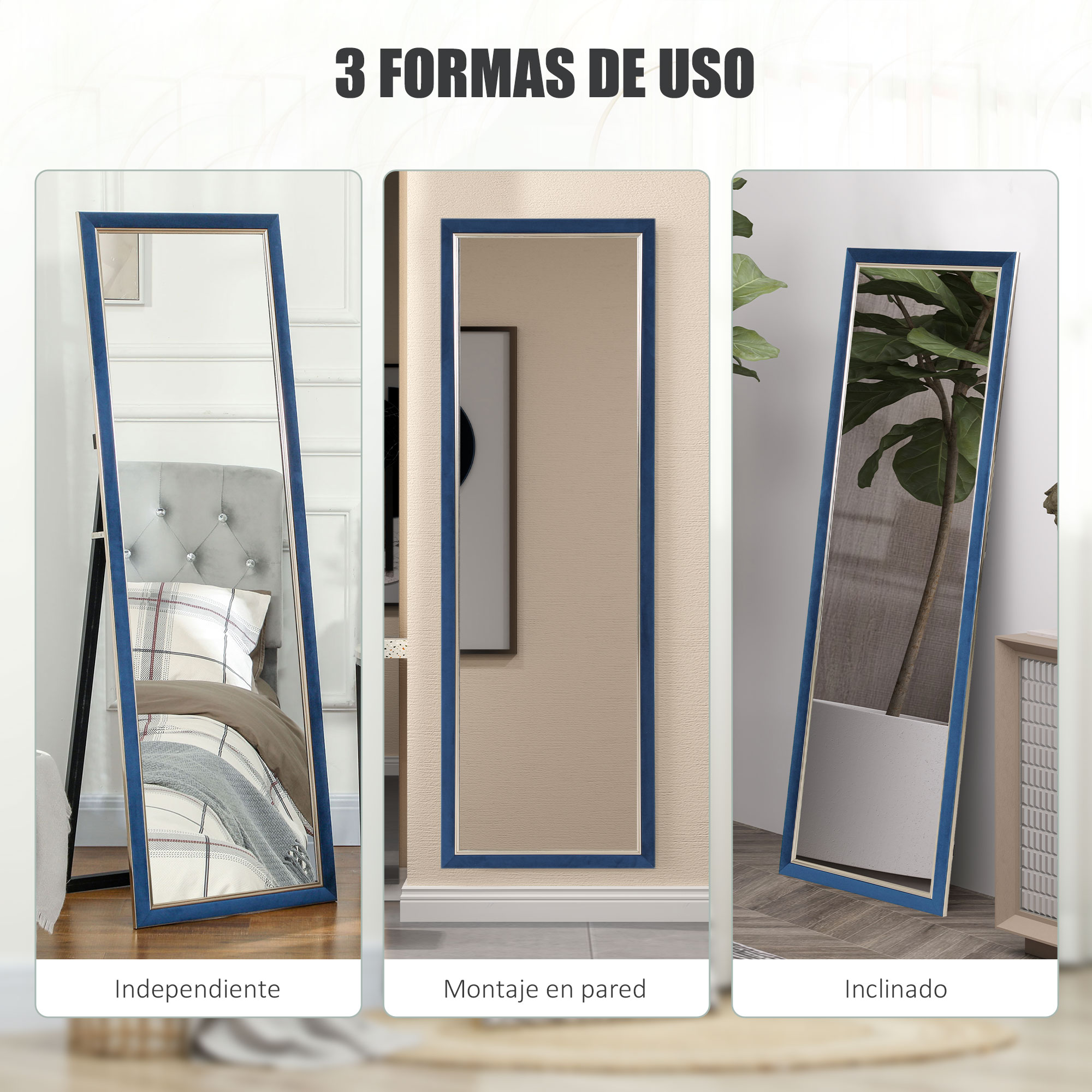 Tres espejos de marco azul, independientes, montados en pared e inclinados.