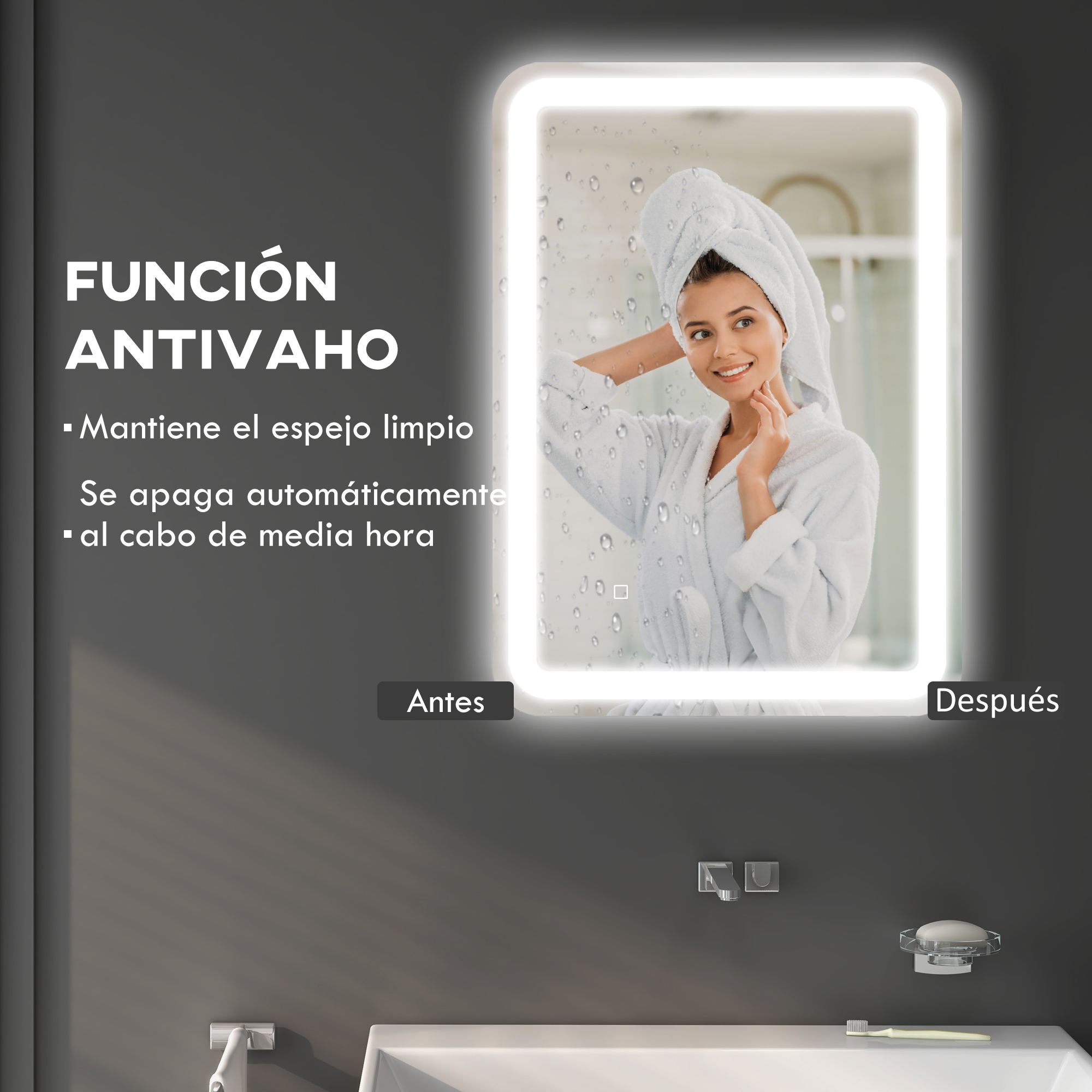 Mujer en bata y toalla en espejo con cristal empañado e iluminación LED.