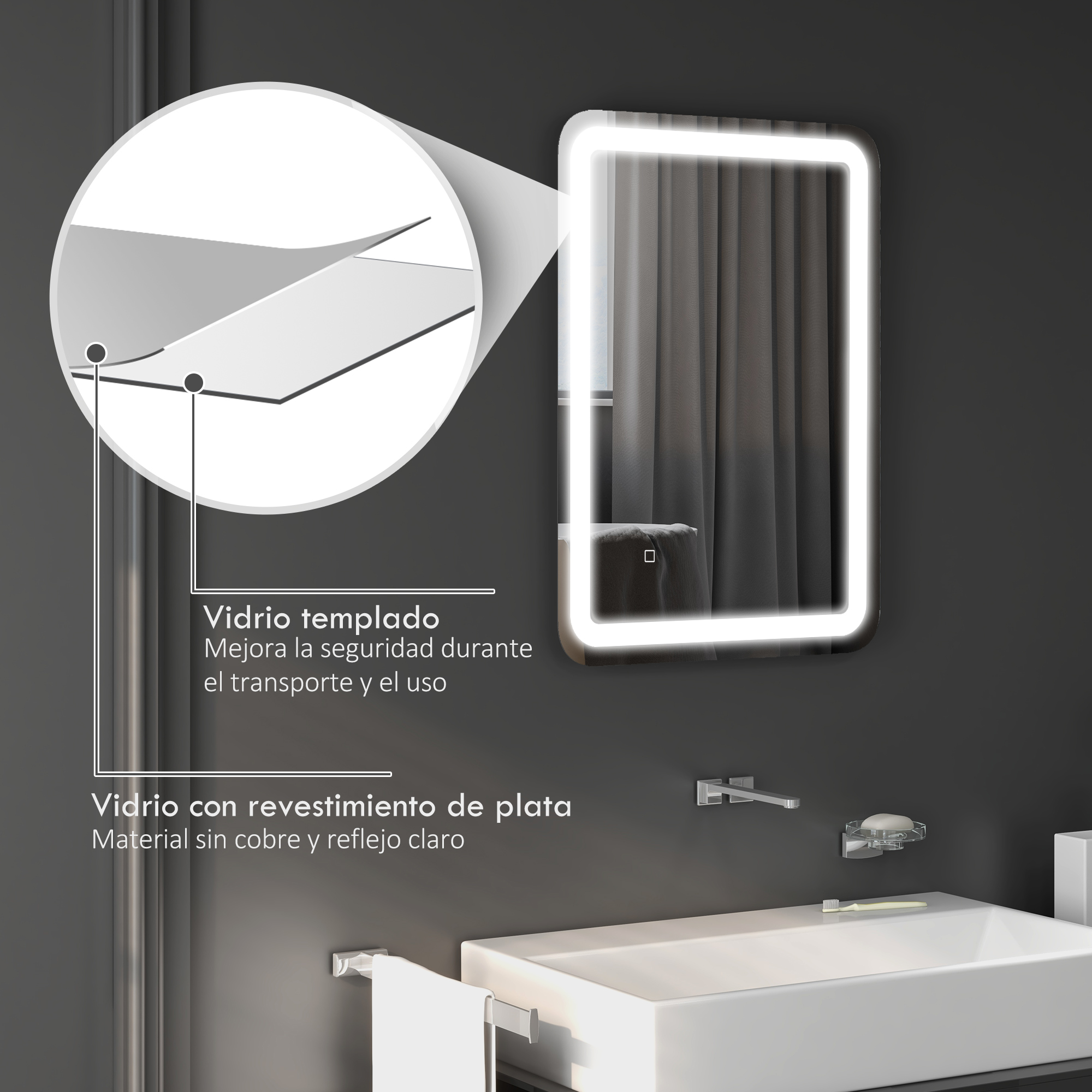 Un espejo iluminado sobre un lavabo con grifo y jabonera.