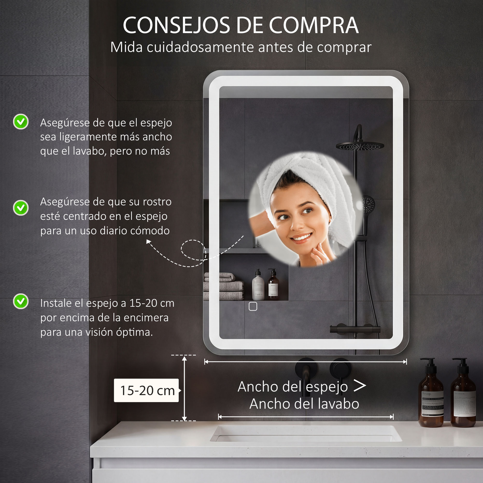 Un espejo de baño con iluminación LED sobre un lavabo con dos dispensadores de jabón.