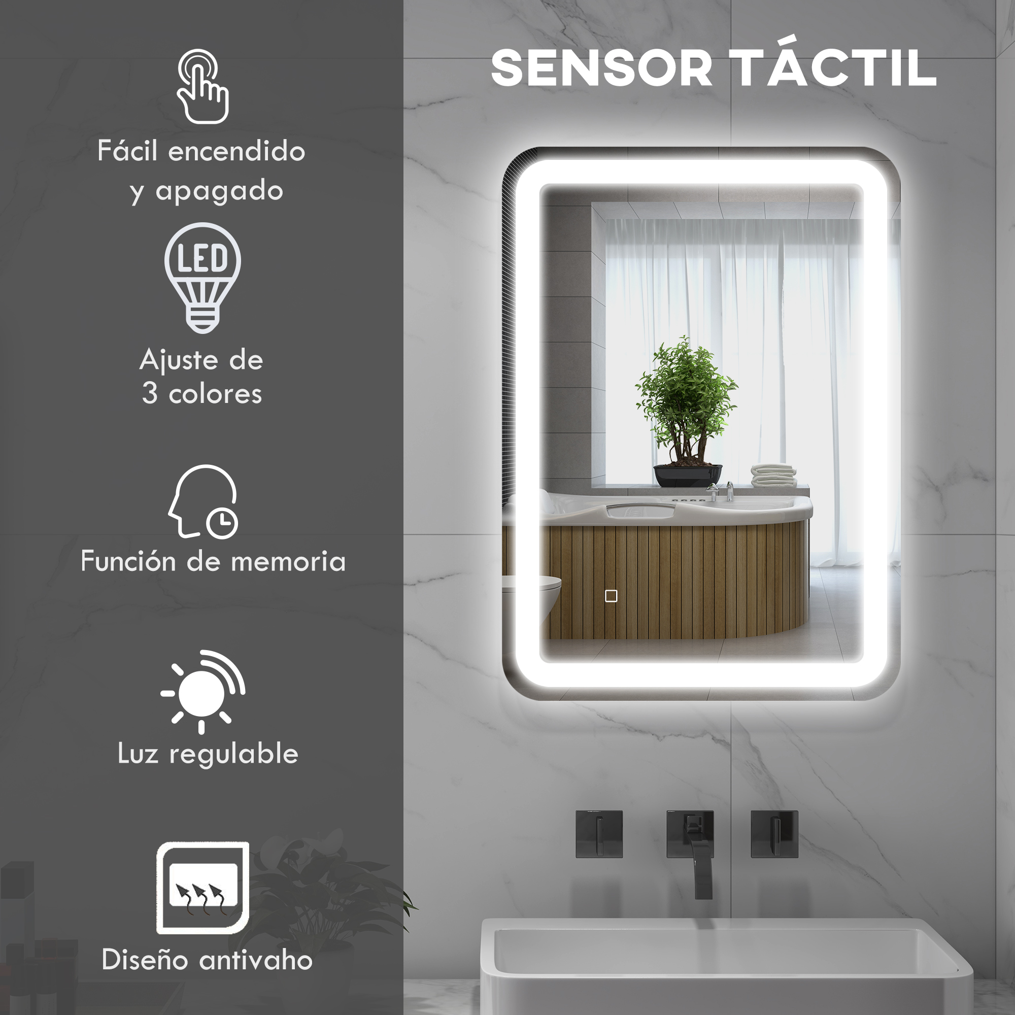 Espejo de baño con sensor táctil, luz LED y función antivaho.