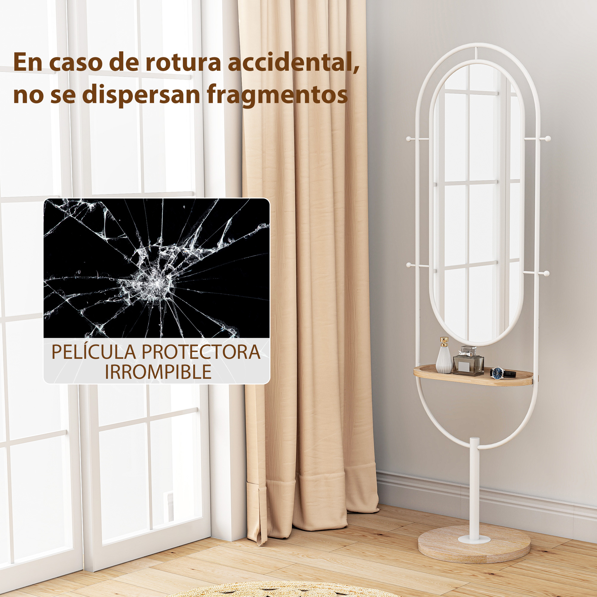Moderno espejo ovalado con estante y decoración. Imagen de cristal roto a la izquierda.