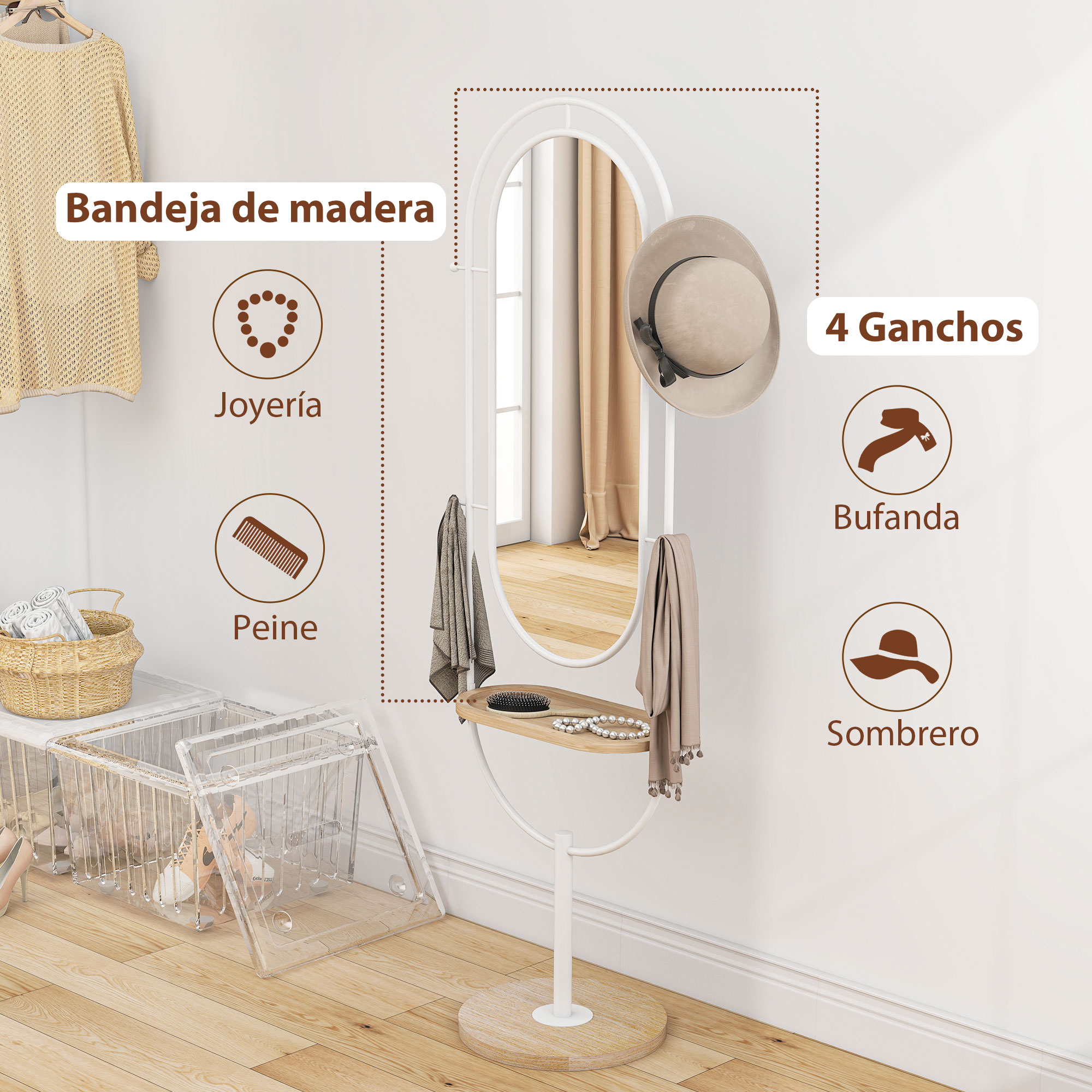 Un espejo de pie con estante, espejo, ganchos y accesorios.