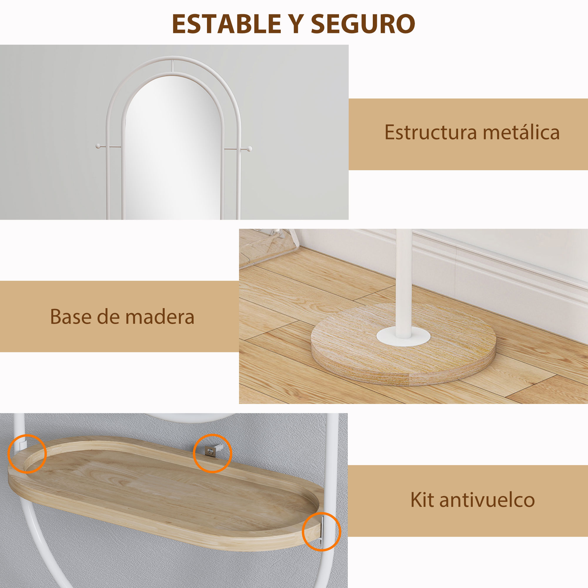 Un espejo con marco metálico, base de madera y kit antivuelco.
