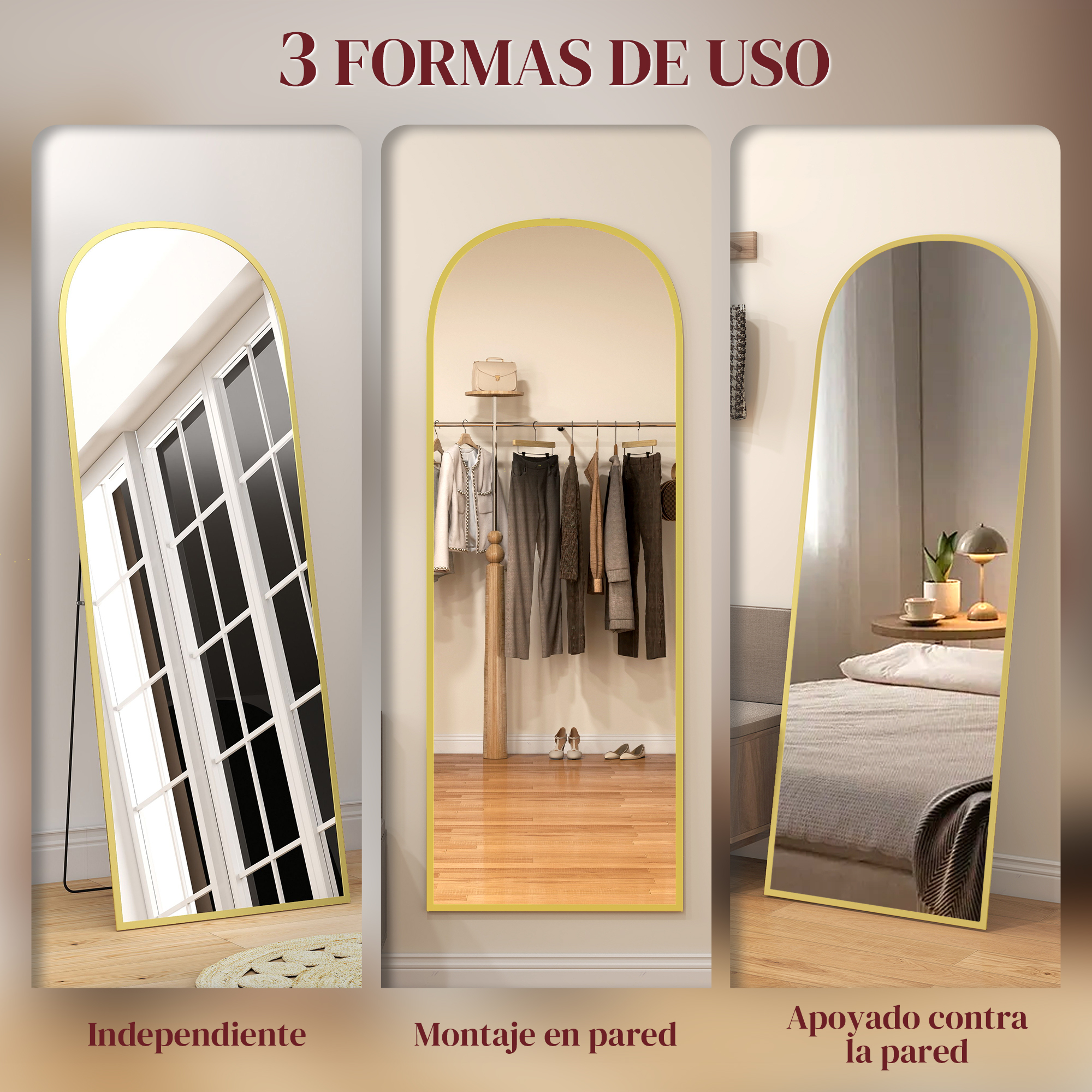 Tres espejos mostrados en diferentes usos: independiente, colgado en pared y apoyado.