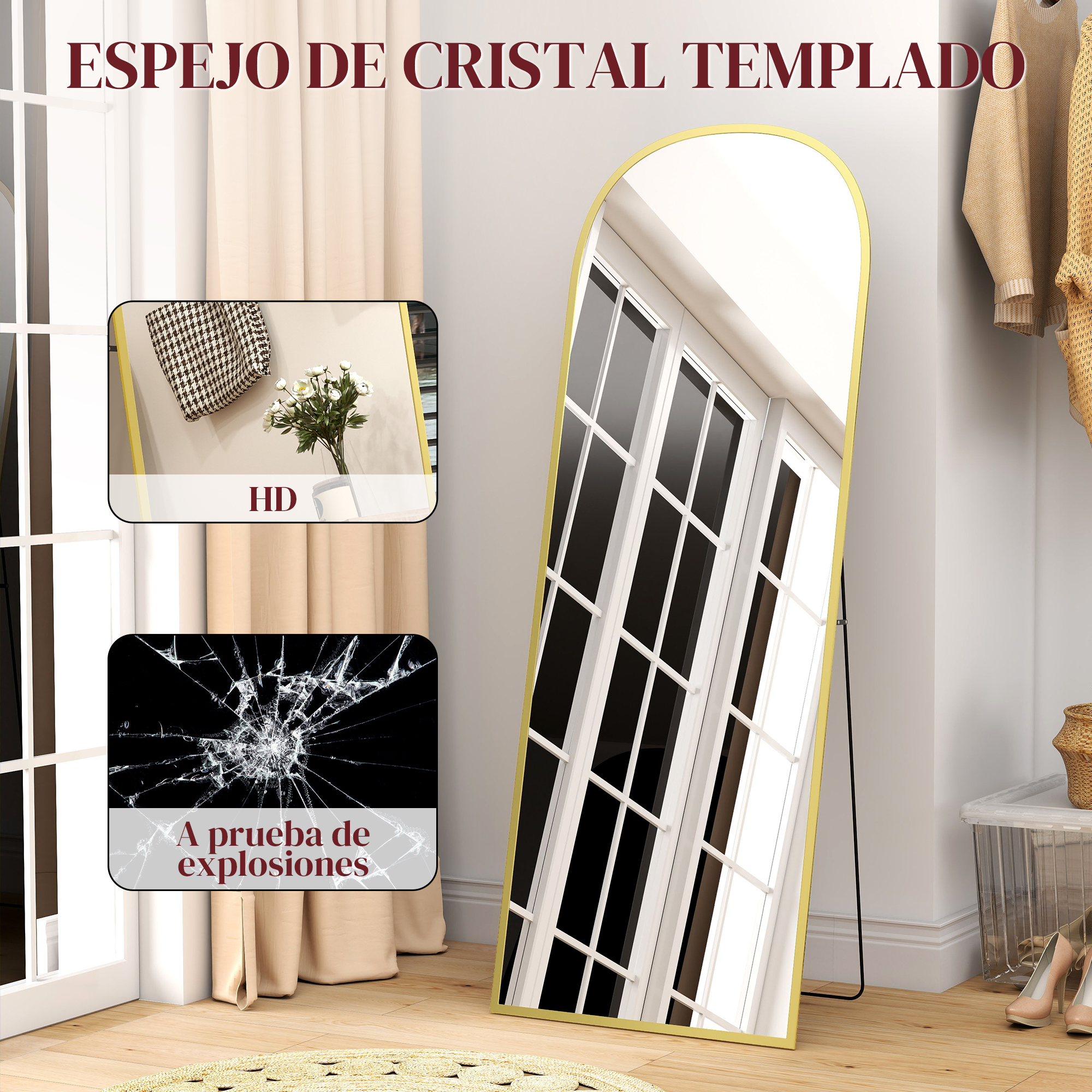 Un espejo alto con marco dorado sobre suelo de madera frente a una ventana.