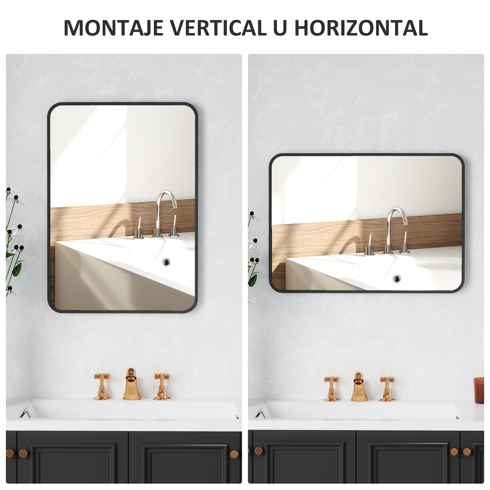 Dos espejos sobre un lavabo blanco con grifos dorados y un mueble oscuro. Vertical y horizontal.