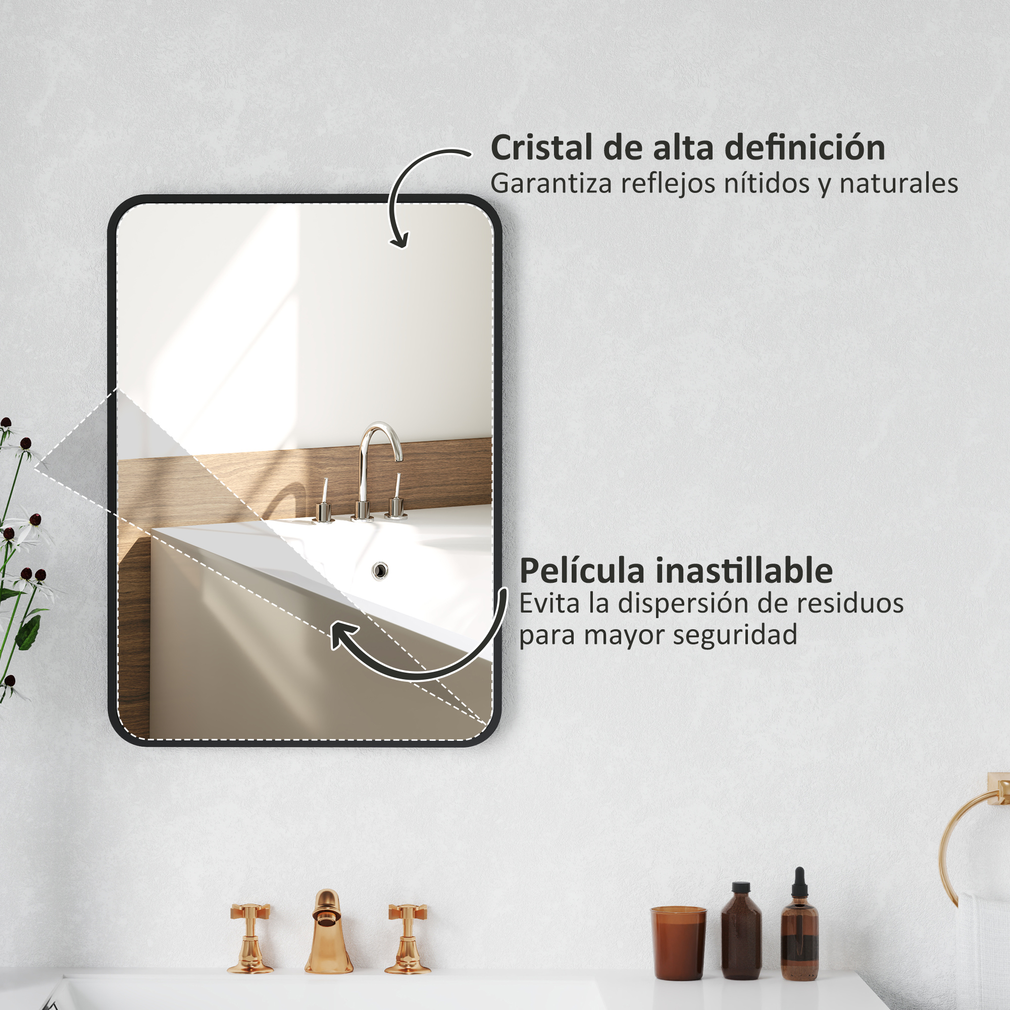 Un espejo con marco negro refleja un lavabo y grifos.
