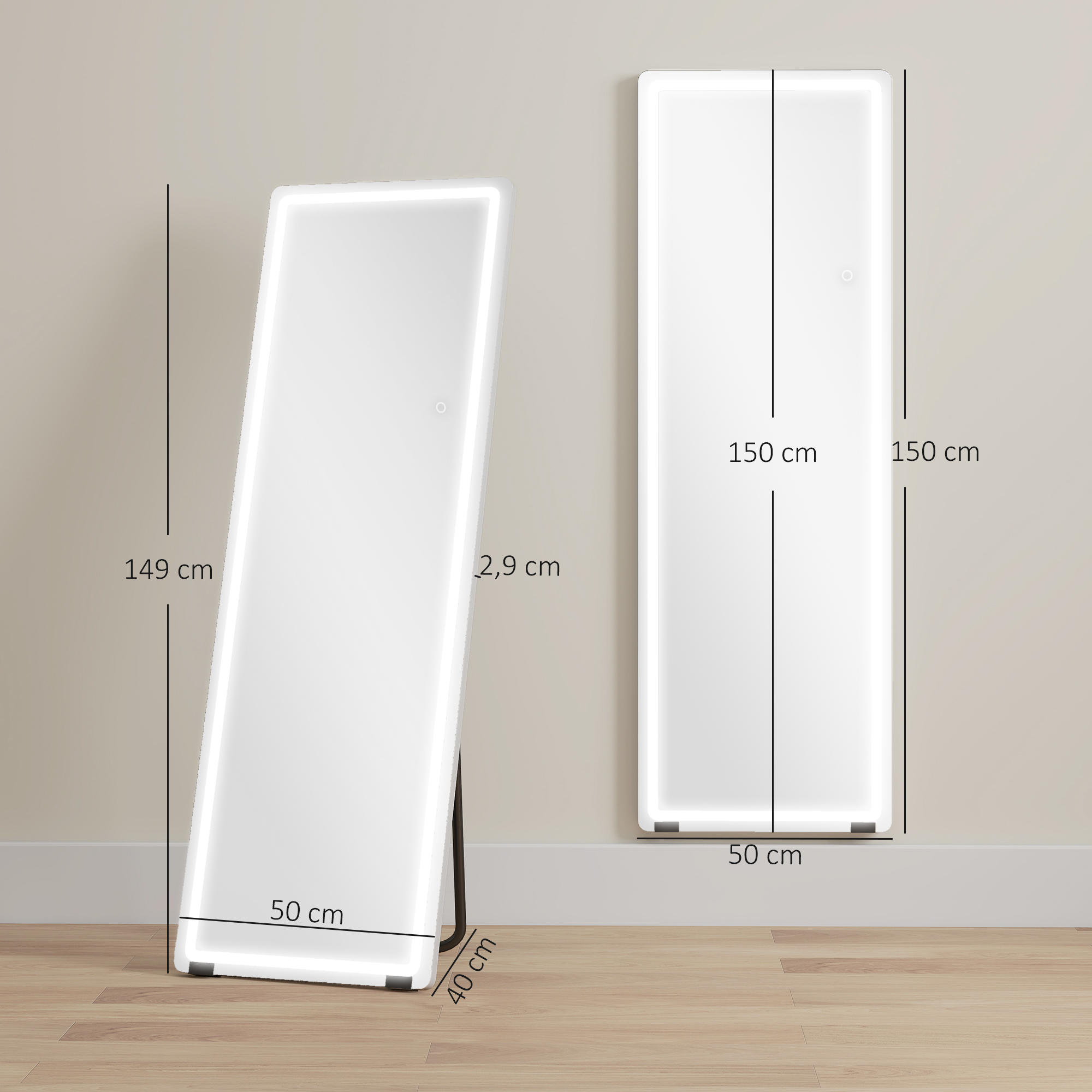 Dos espejos LED blancos, uno inclinado, con dimensiones 149x50x2,9 cm.