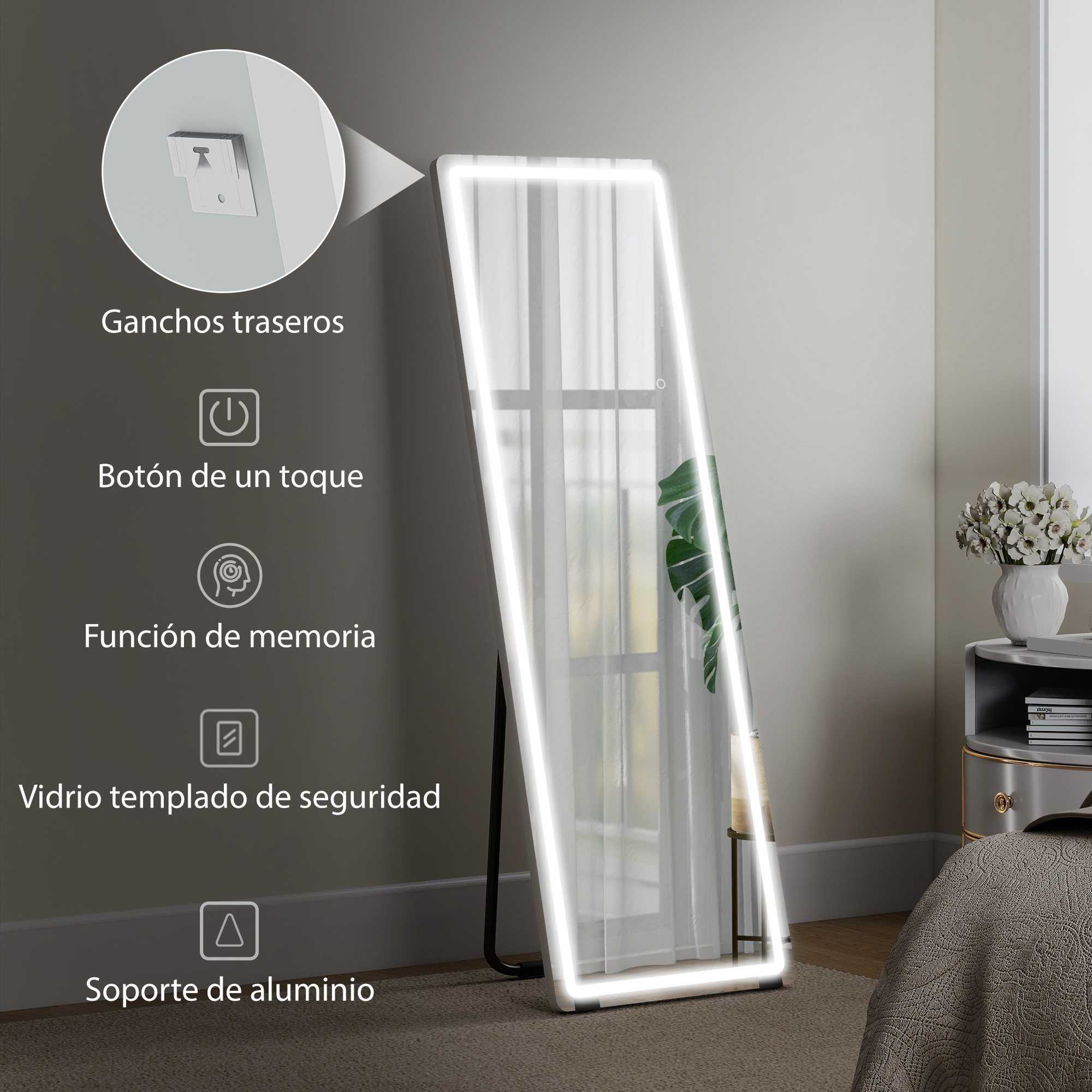 Un espejo rectangular con luz integrada, de pie. Características listadas a la izquierda.