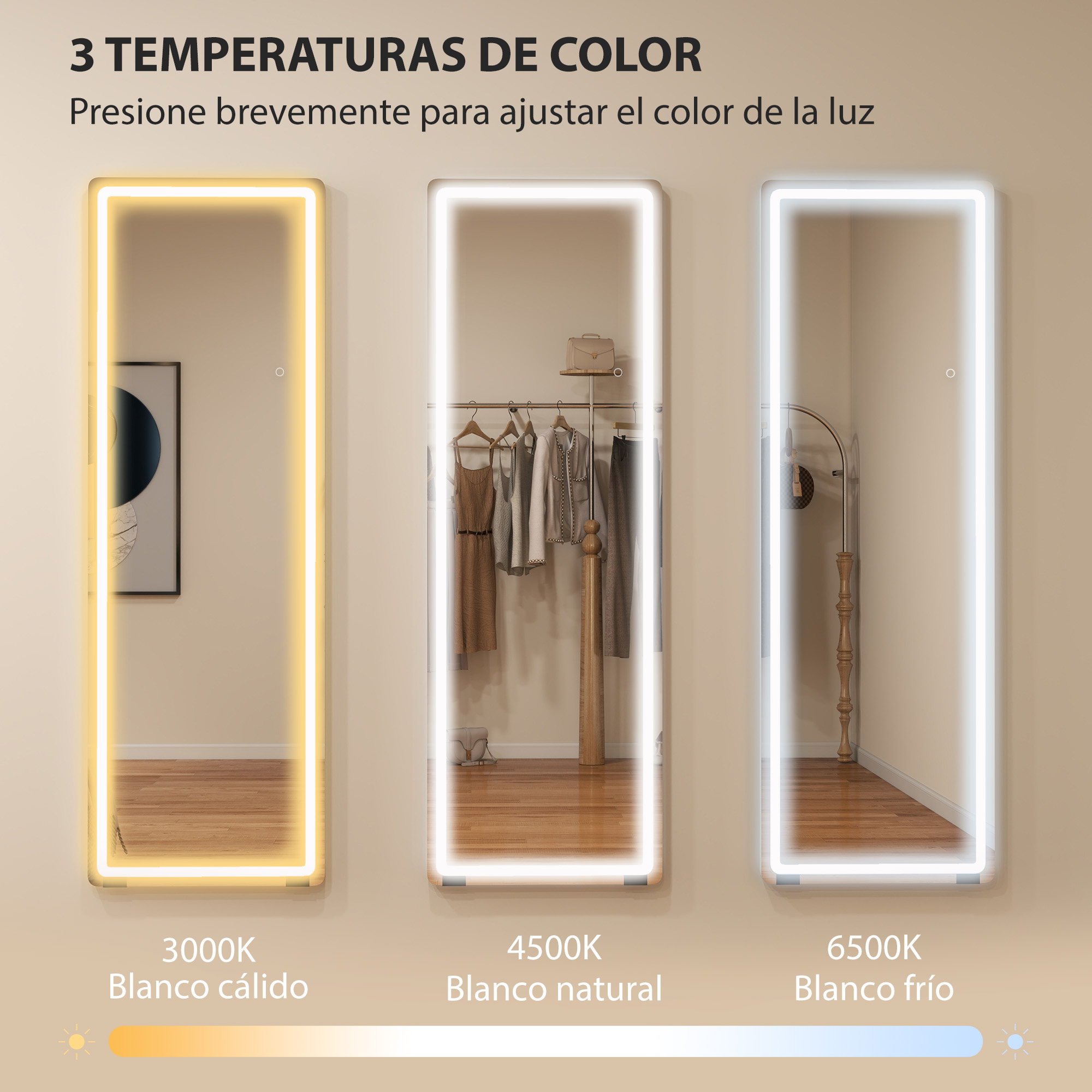 Tres espejos muestran diferentes temperaturas de luz: cálida, natural y fría.