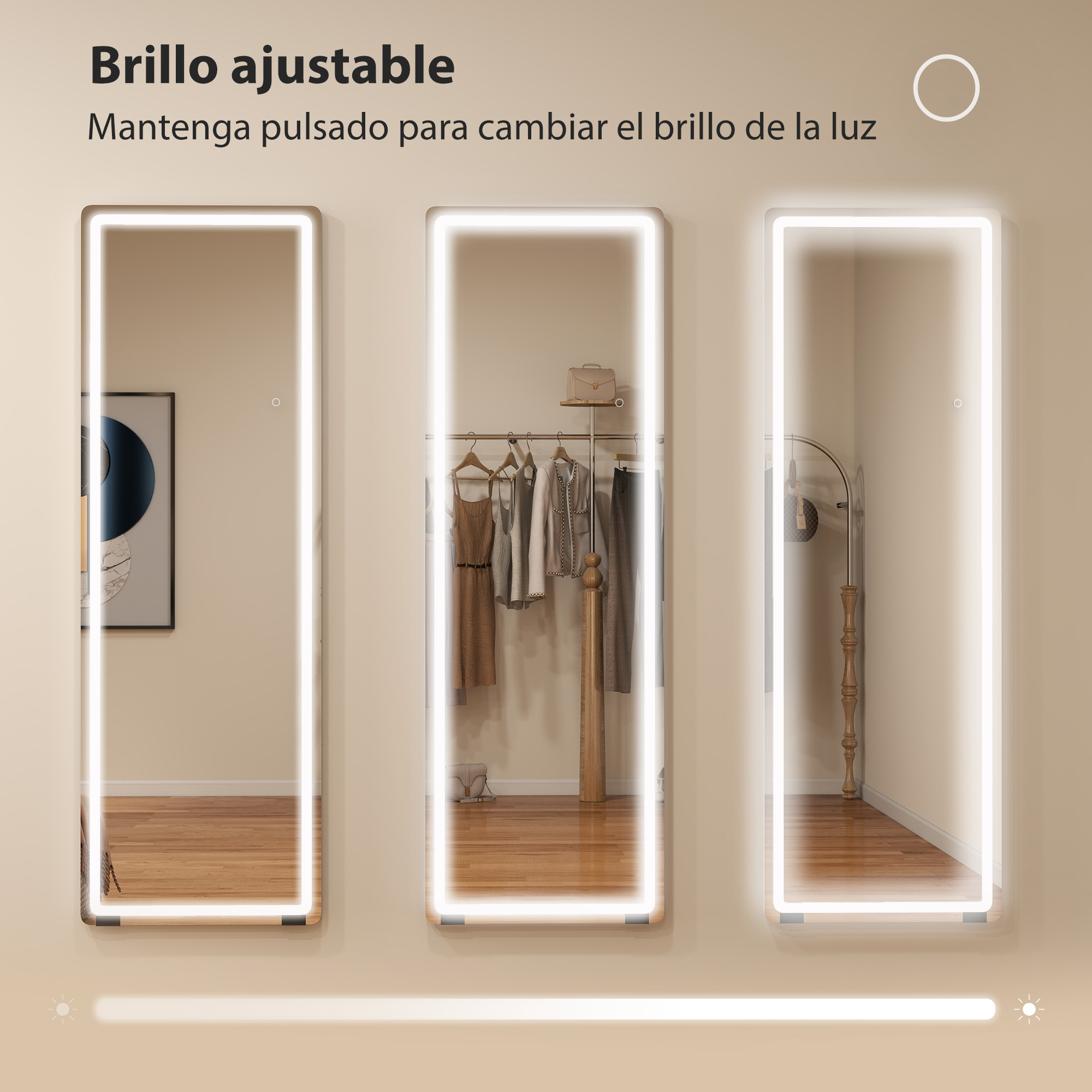 Tres espejos iluminados muestran ropa y arte. Control de brillo ajustable.