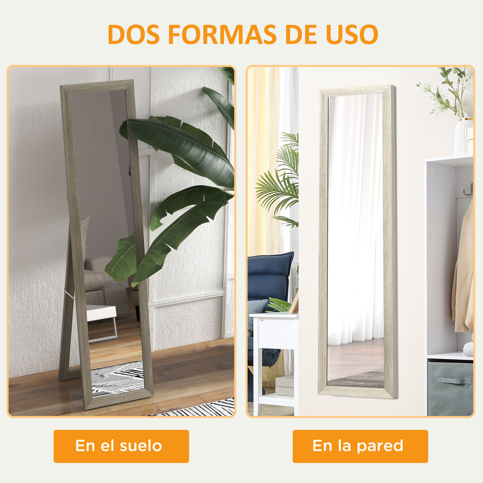 Un espejo de cuerpo entero en el suelo y otro en la pared.