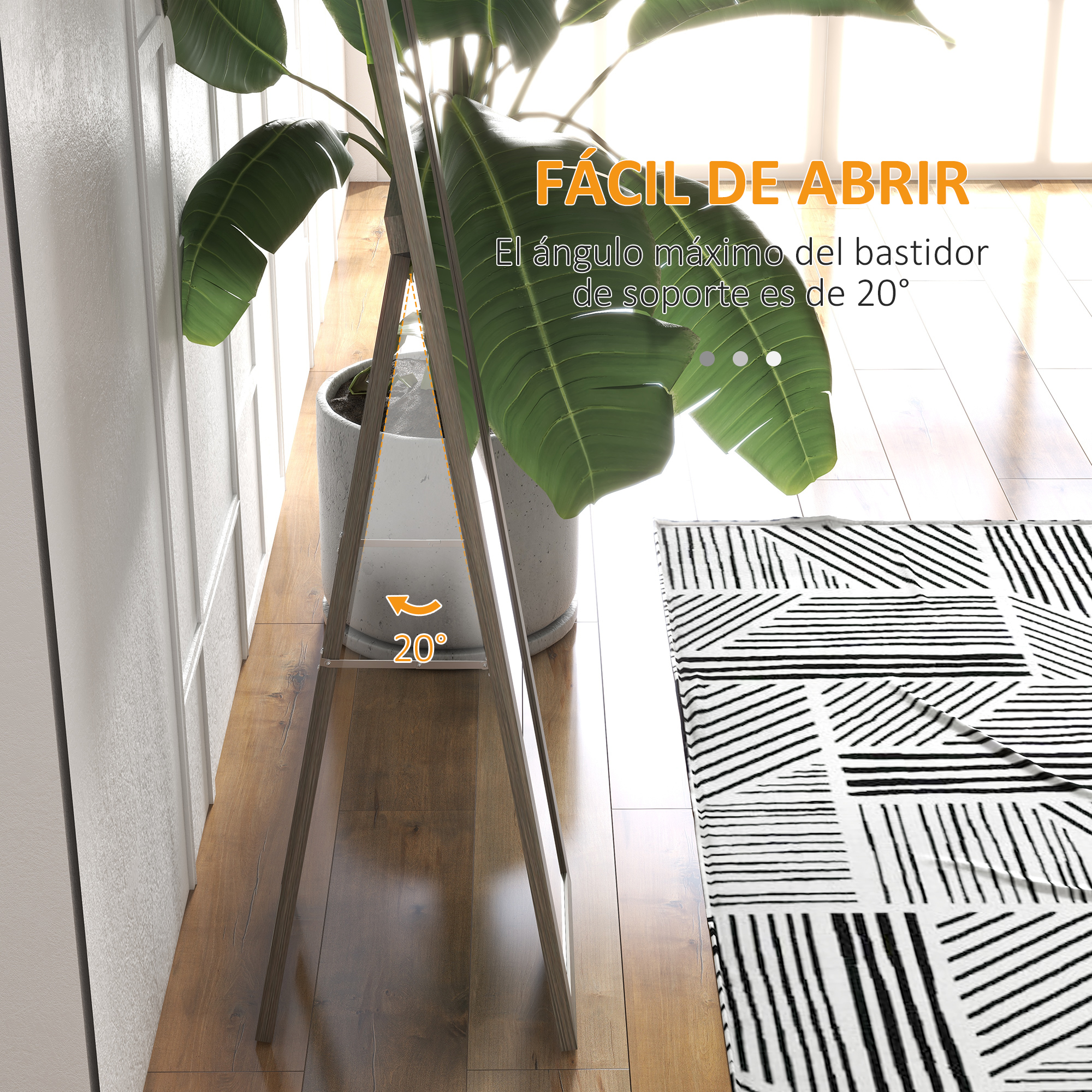 Un marco de fotos está sobre un suelo de madera junto a una planta.