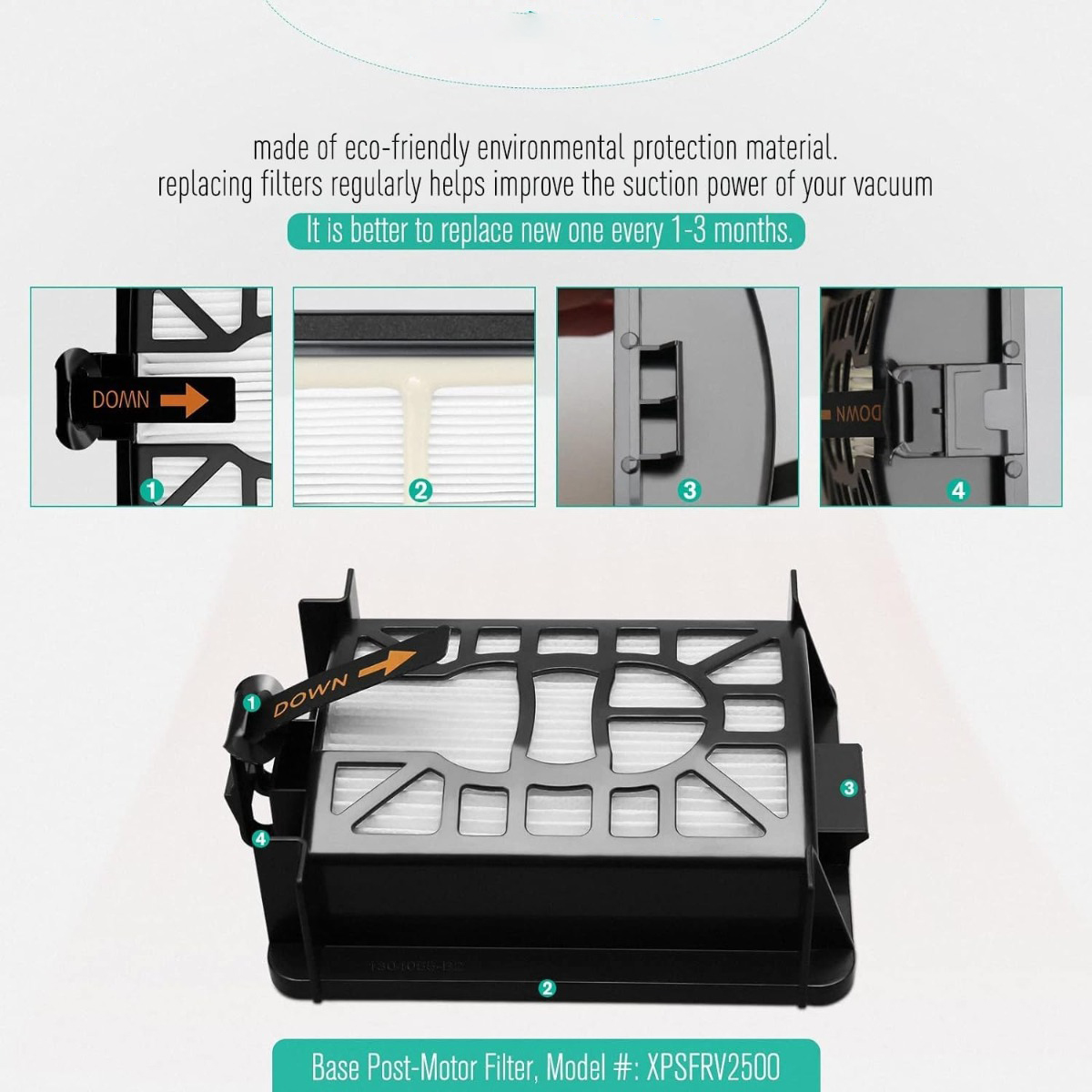 Un filtre d'aspirateur en plastique noir avec des étiquettes et de petites images.