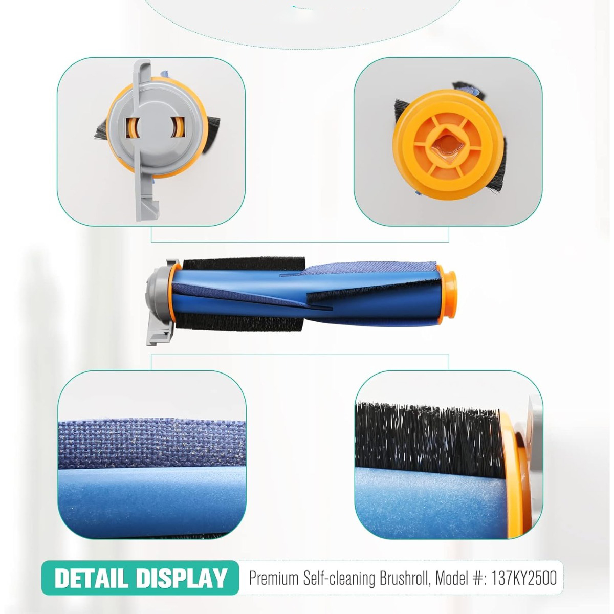 Vue détaillée d'un rouleau brosse bleu avec des extrémités oranges et des poils noirs.