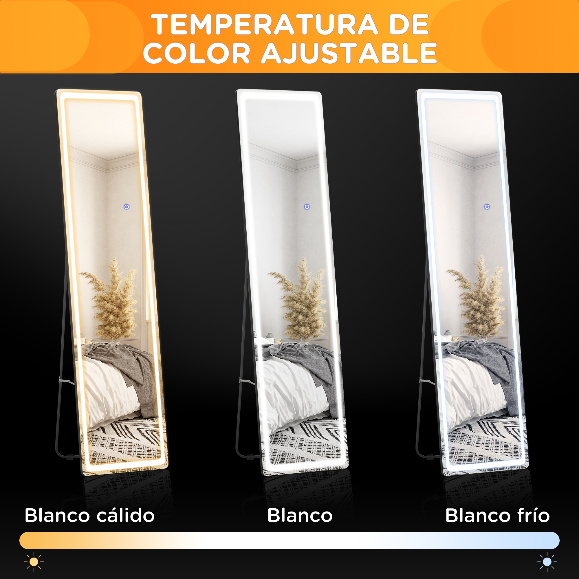Tres espejos de pie iluminados que muestran luz cálida, neutra y fría.
