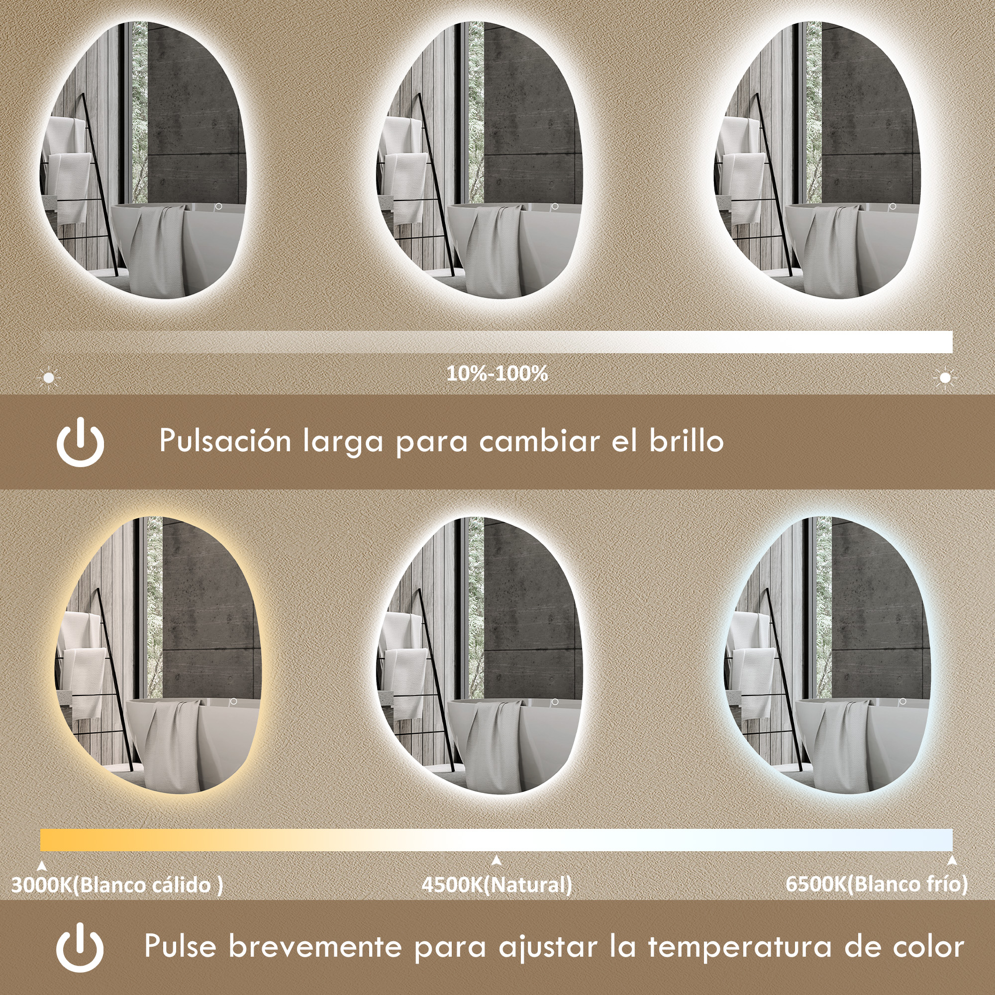 Espejo ovalado con luz LED, mostrando ajustes de brillo y temperatura de color.