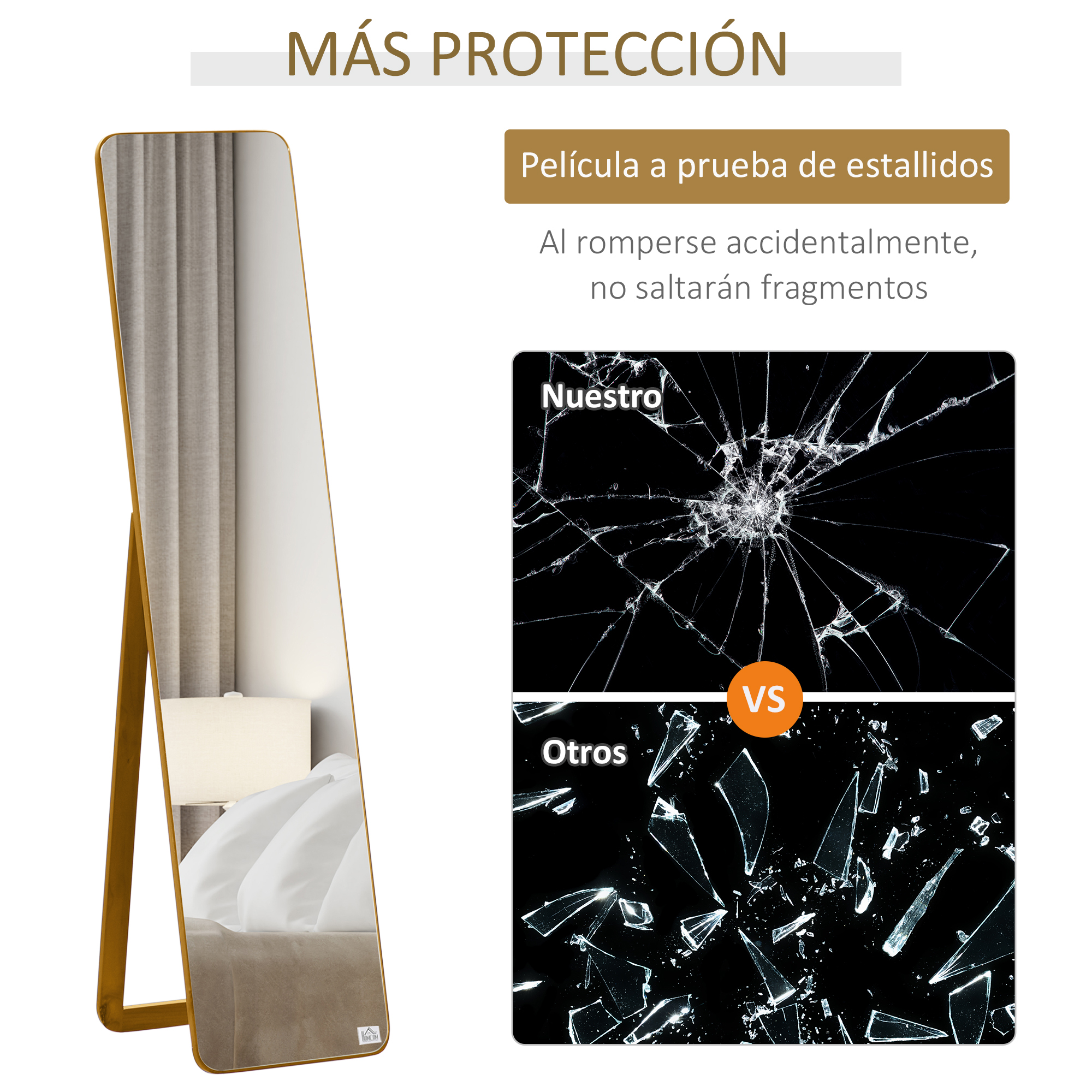 Un espejo dorado frente a una cama; al lado, comparación de cristales rotos.