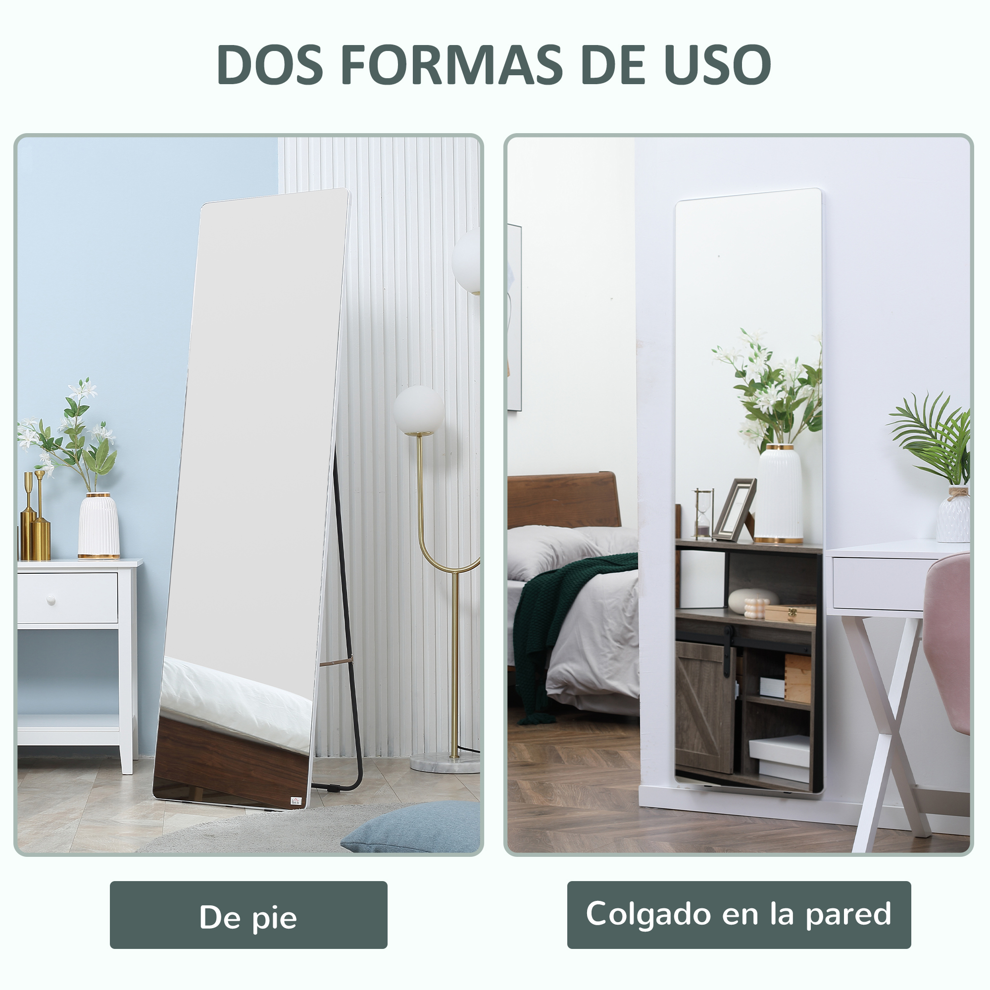 Un espejo de pie libre, junto a una mesita de noche. Derecha, un espejo de pared sobre una cama.