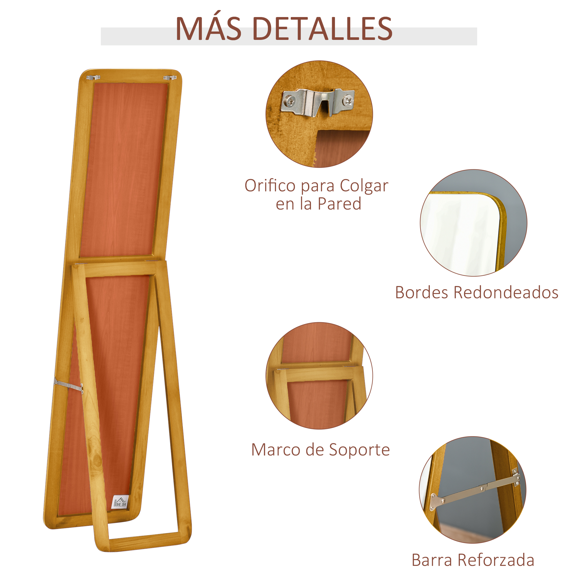 Un espejo de pie con marco de madera. Detalles muestran colgante, esquinas redondeadas, marco.