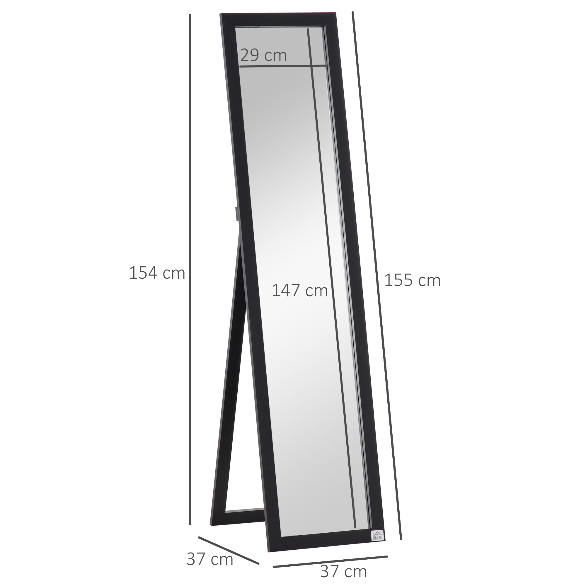 Un espejo rectangular negro sobre un soporte con dimensiones indicadas.