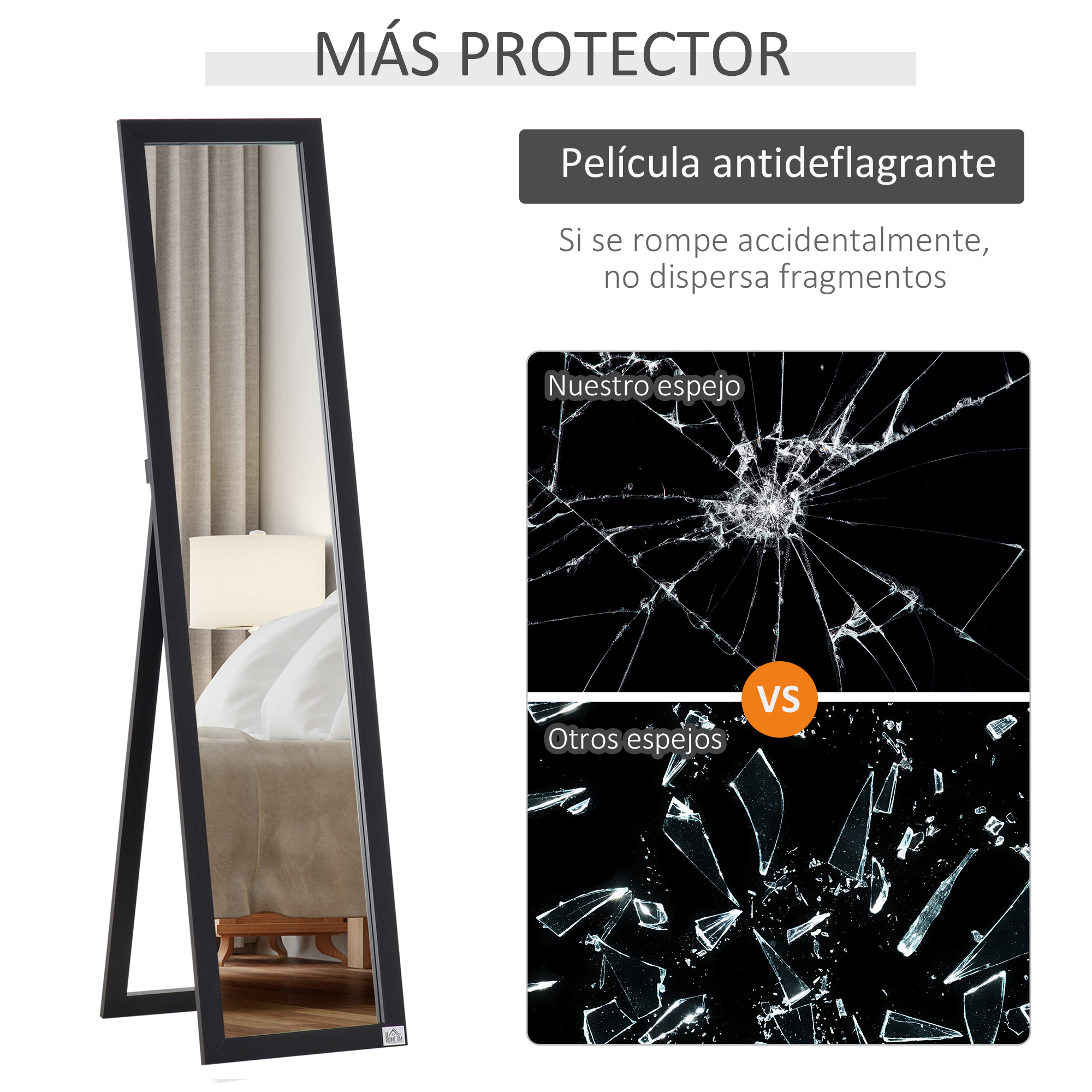 Un espejo negro de pie junto a una cama. Espejos rotos a su izquierda. Característica de seguridad.