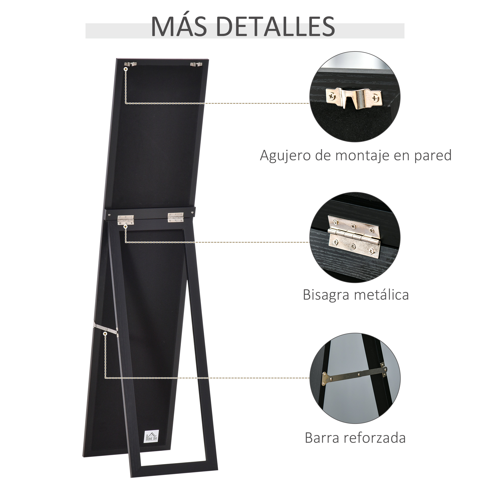 Reverso de espejo negro con agujero para colgar, bisagra metálica y barra reforzada.