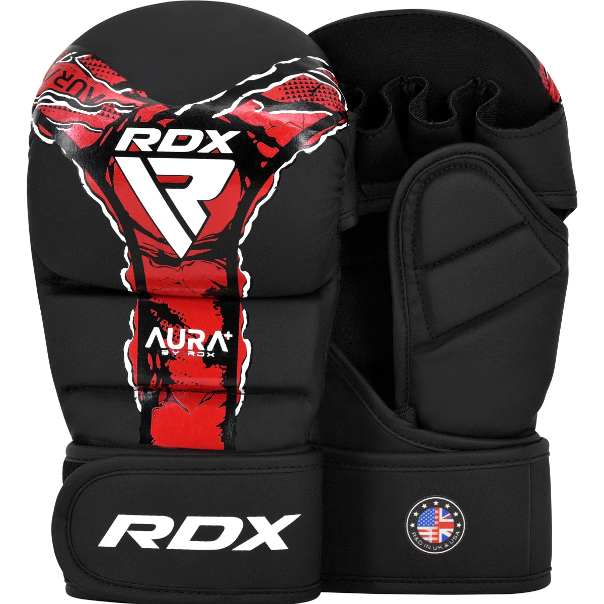 Black RDX Aura MMA gloves with red abstract design and RDX logo.