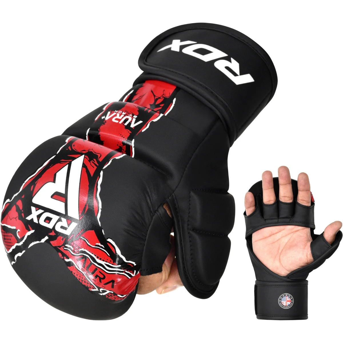 Black MMA gloves with red pattern and RDX logo.
