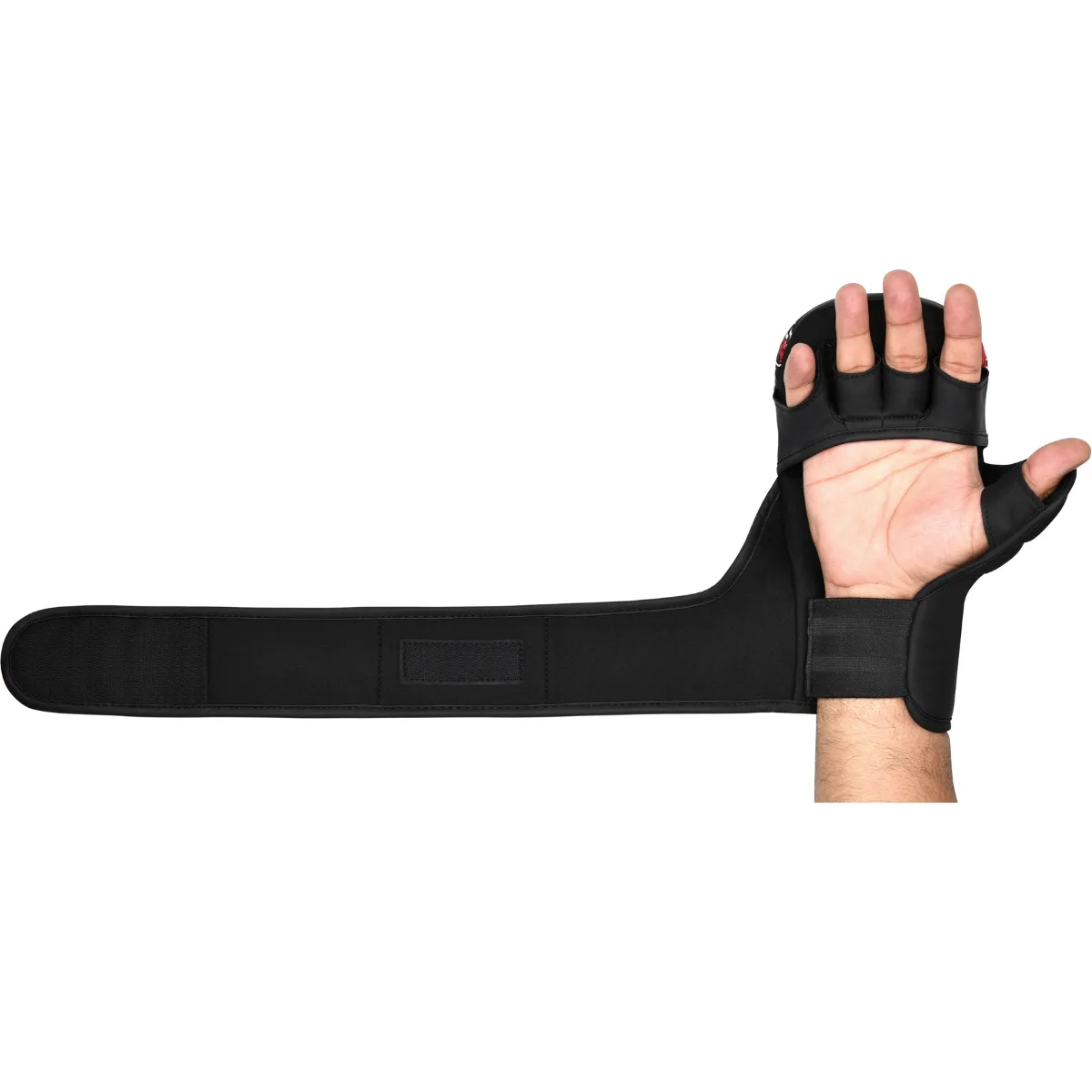 Black fingerless workout glove with long wrist support strap attached.