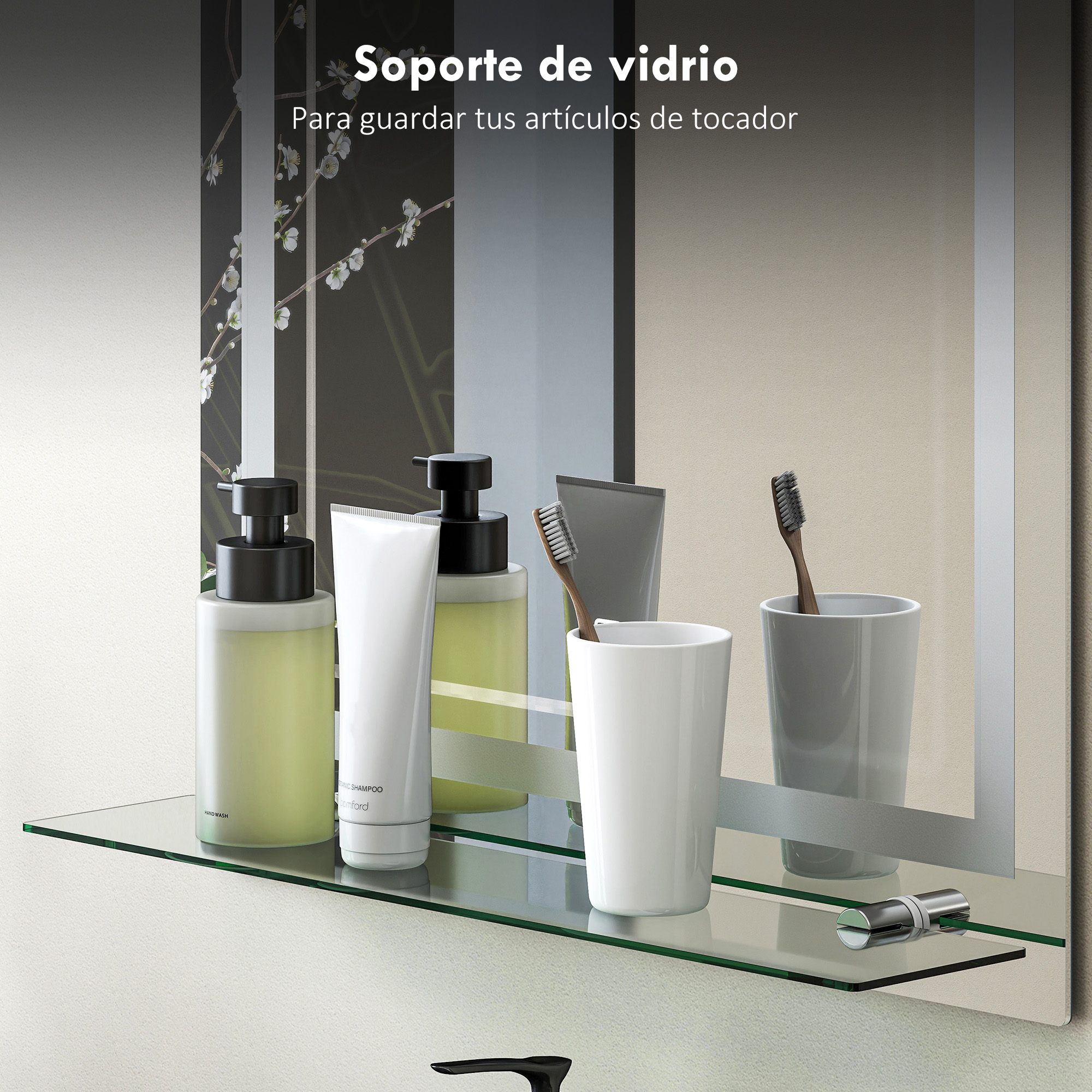 Estante de vidrio con artículos de tocador, cepillos de dientes y dispensador.