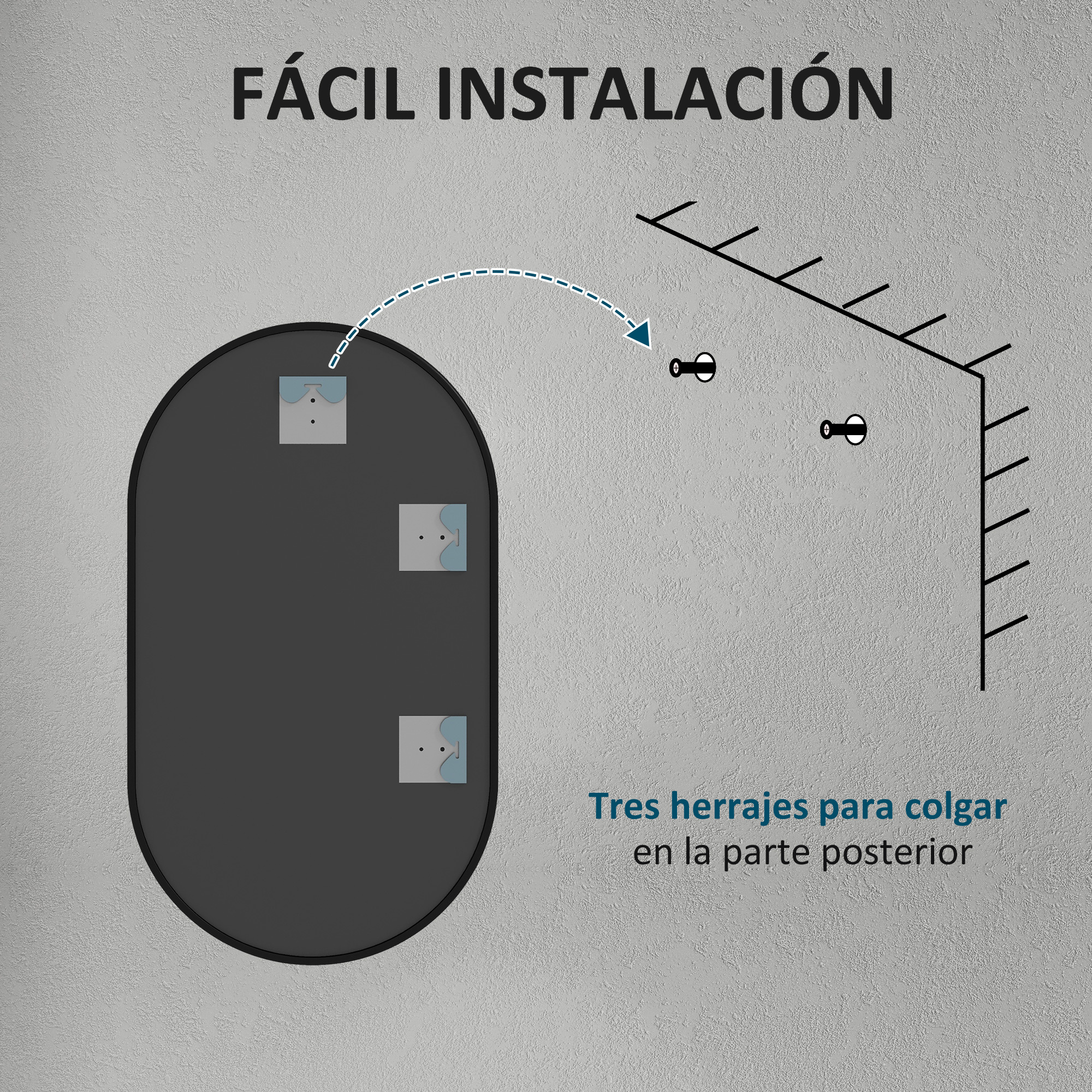 Espejo ovalado con herrajes. Instalación fácil.