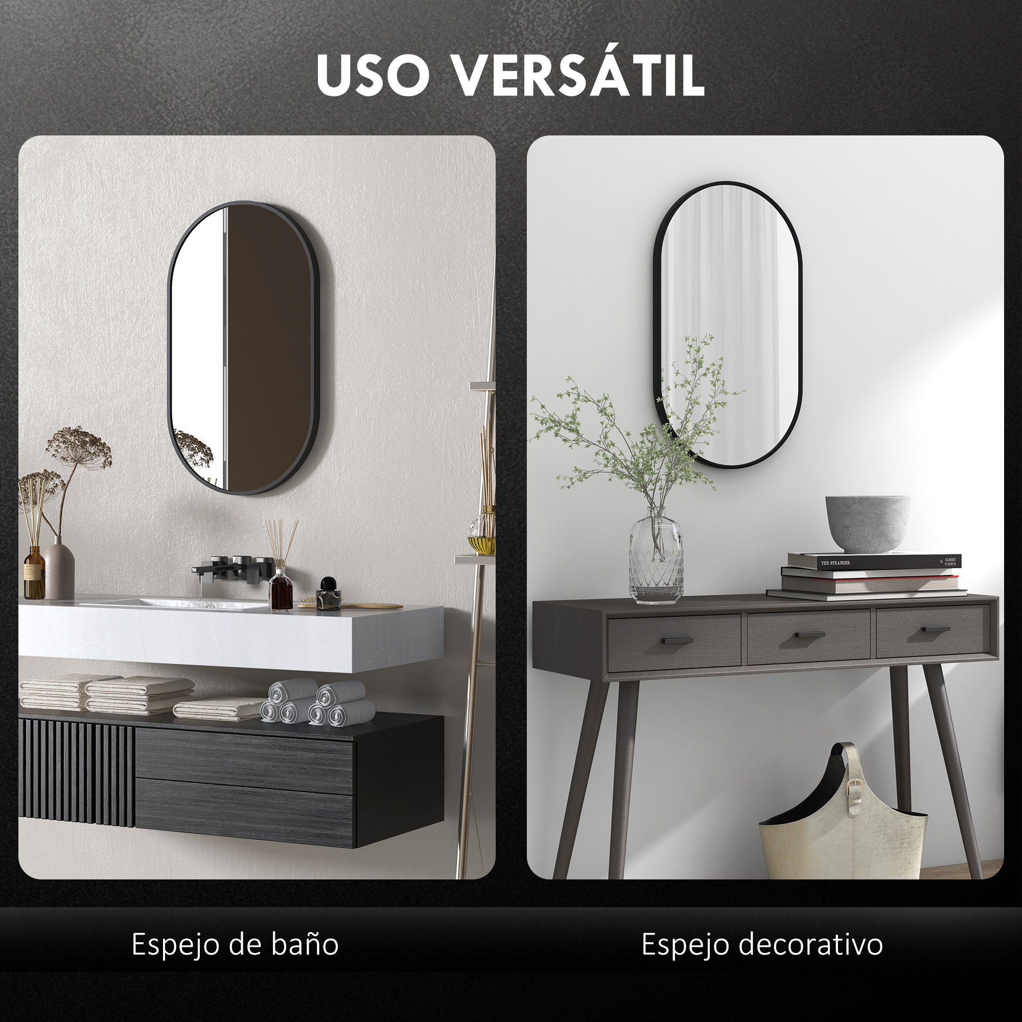 Un espejo de baño y un espejo decorativo sobre una consola.