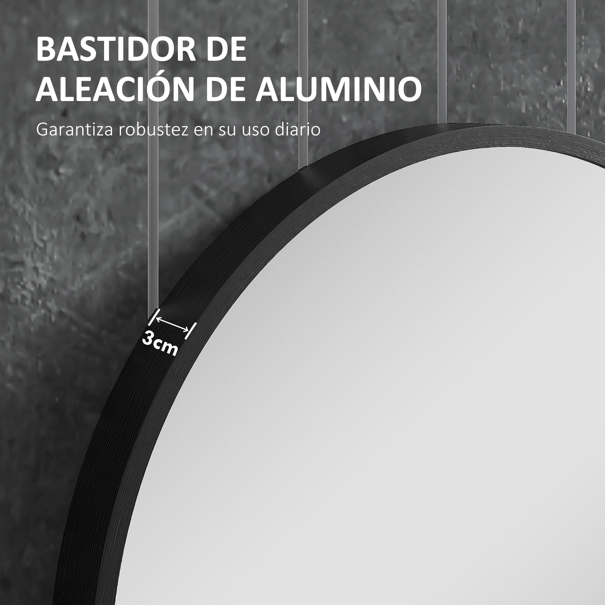 Espejo con marco negro de aluminio de 3cm sobre pared gris.