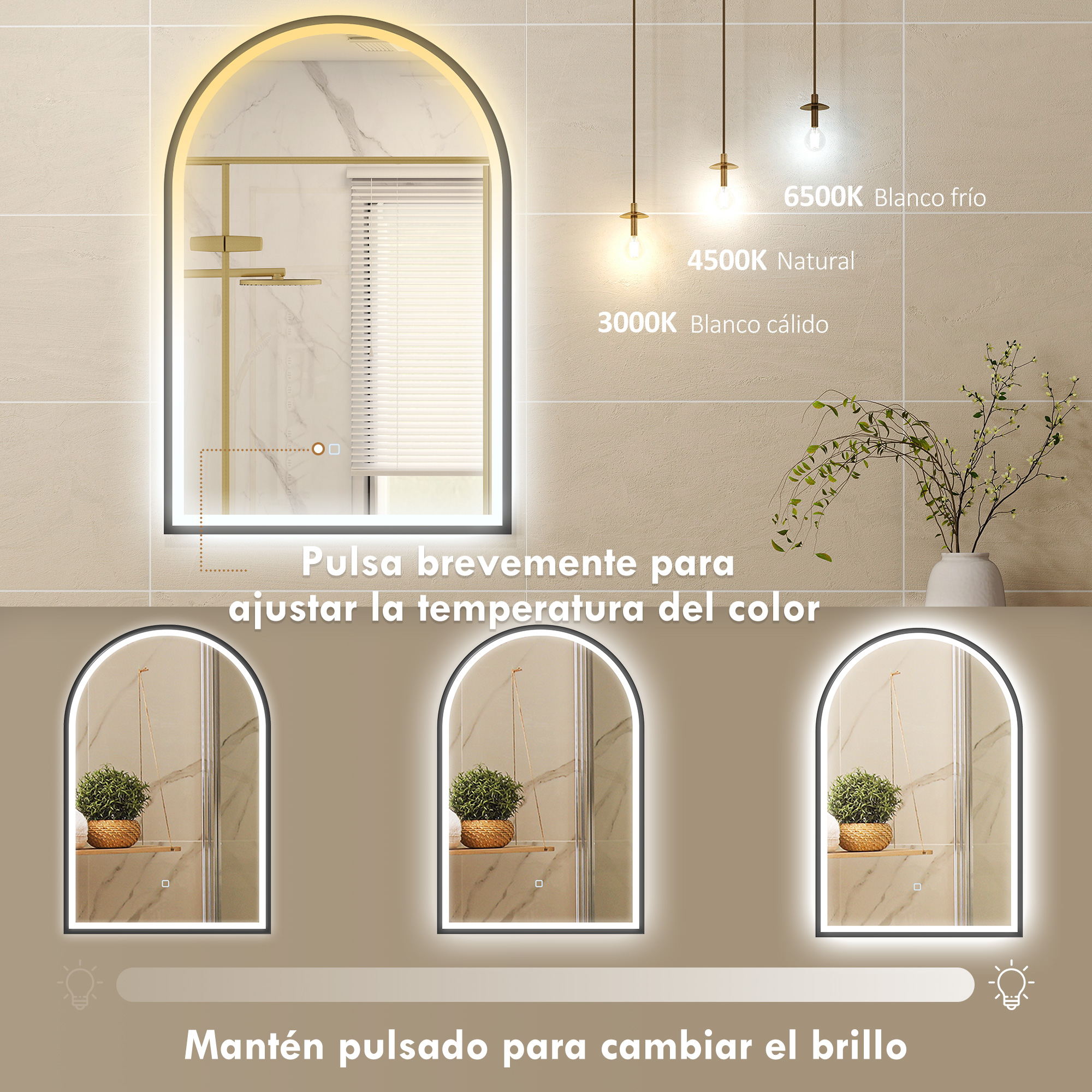 Un espejo con luz que muestra diferentes temperaturas de color y brillo.