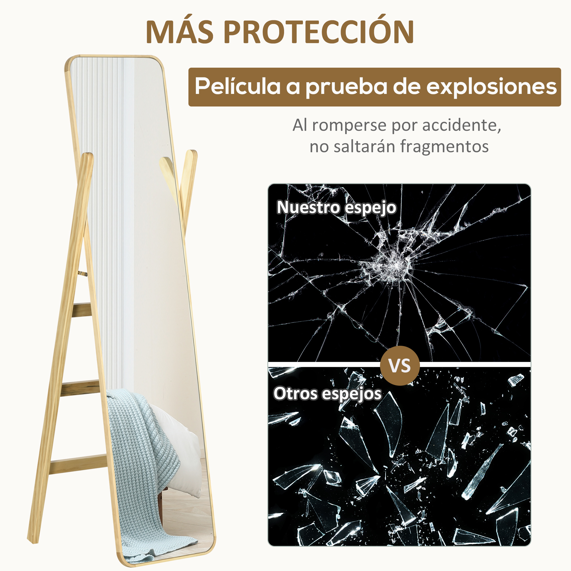 Un espejo con marco de madera junto a una comparación de cristales rotos.
