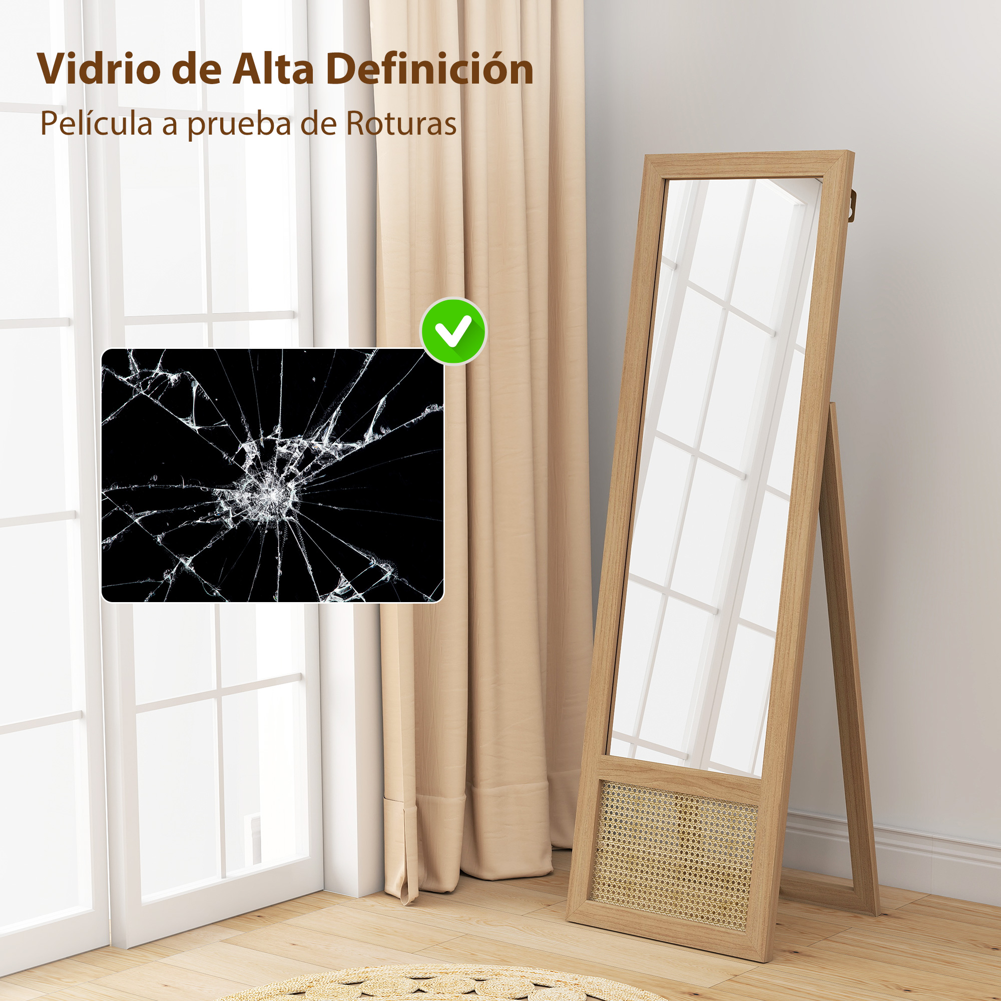 Un espejo con marco de madera está junto a una ventana con cortinas. Vidrio roto se muestra a la izquierda.