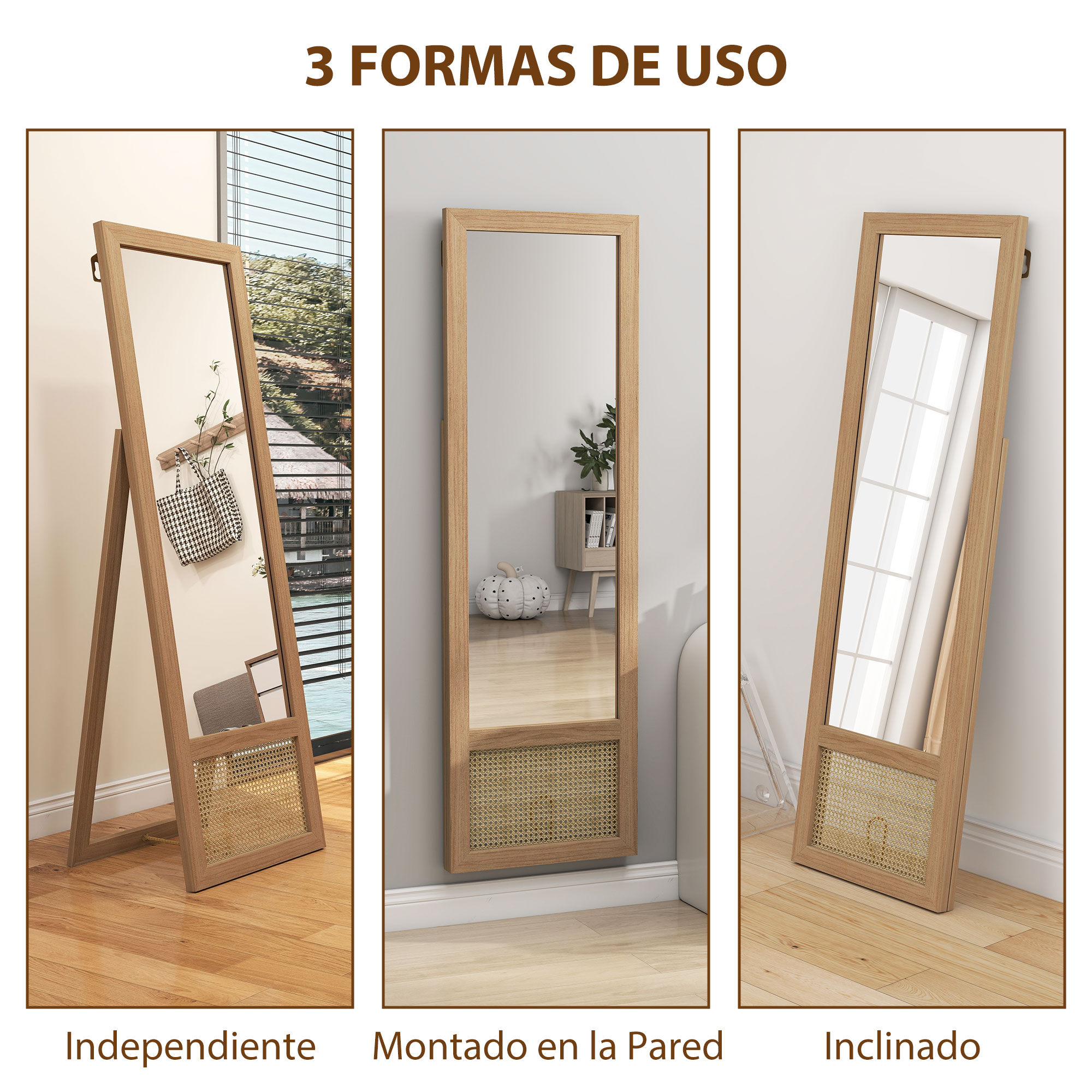 Un espejo con marco de madera en tres posiciones: independiente, montado en pared, inclinado.