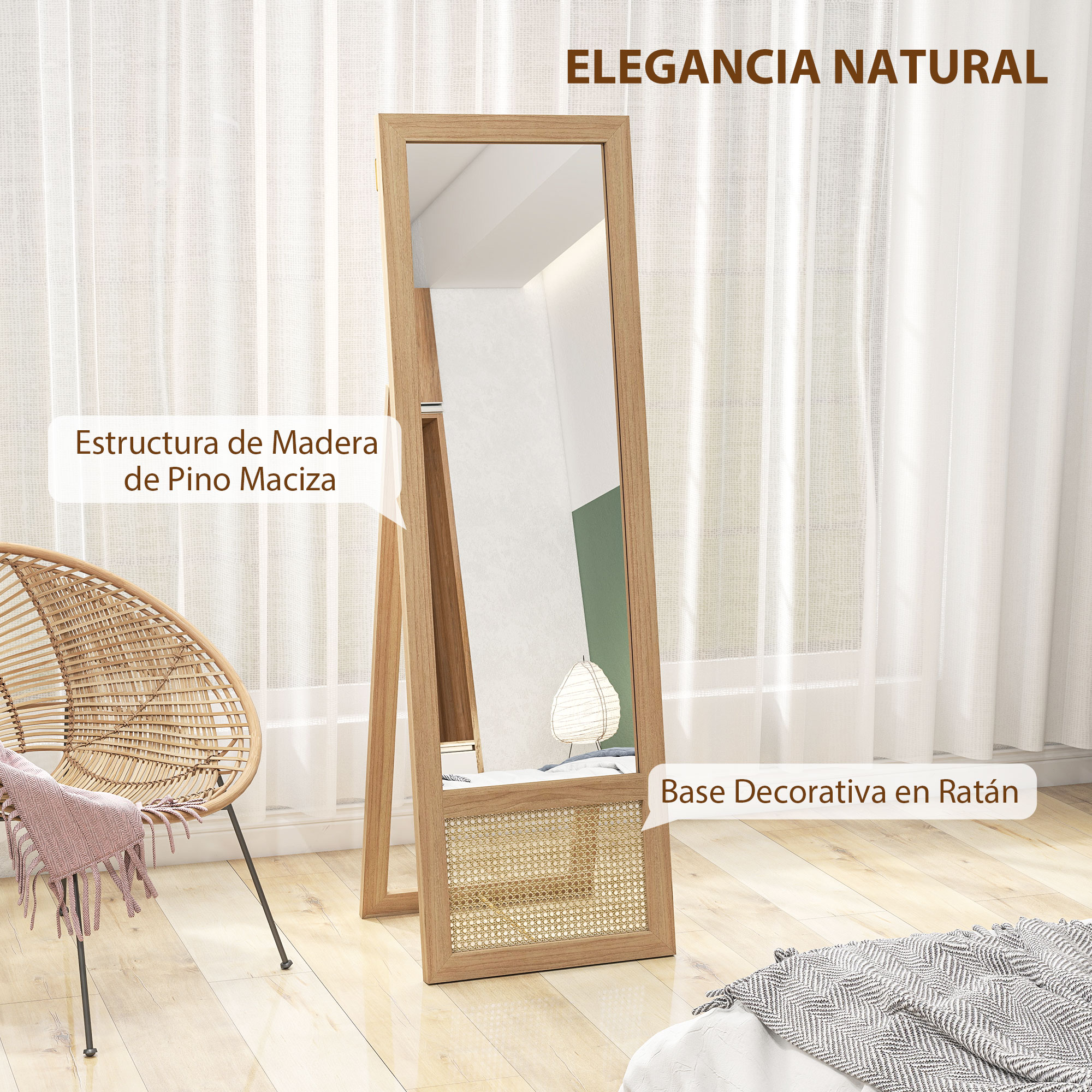 Un espejo alto con marco de madera se alza sobre suelo de madera junto a una silla.