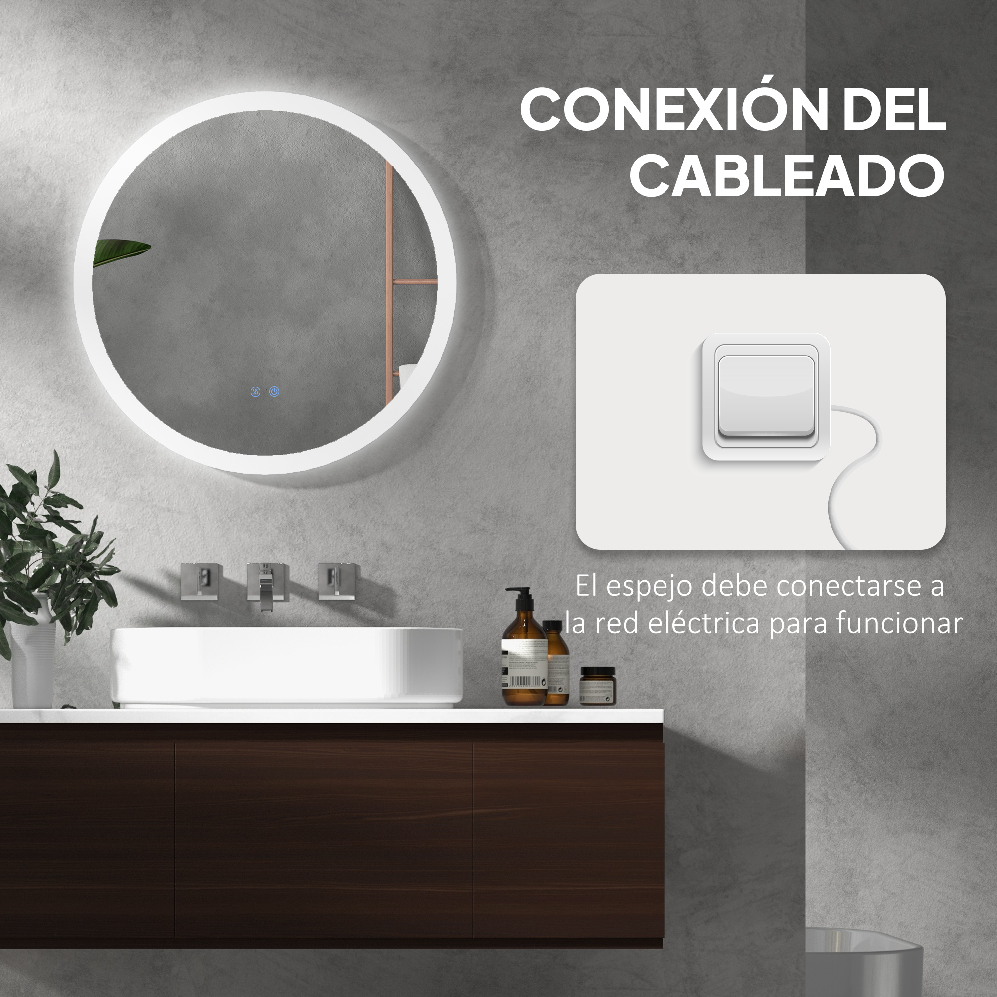 Un espejo retroiluminado sobre un lavabo con mueble de madera. Se muestra conexión eléctrica.