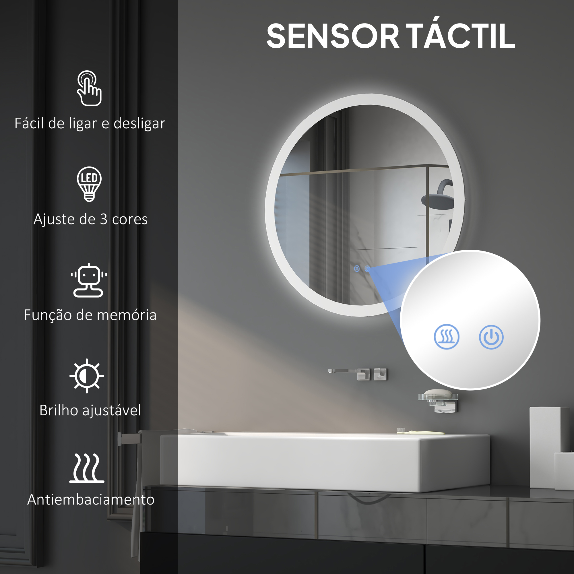 Un espejo redondo con controles de sensor táctil que muestra varias funciones.
