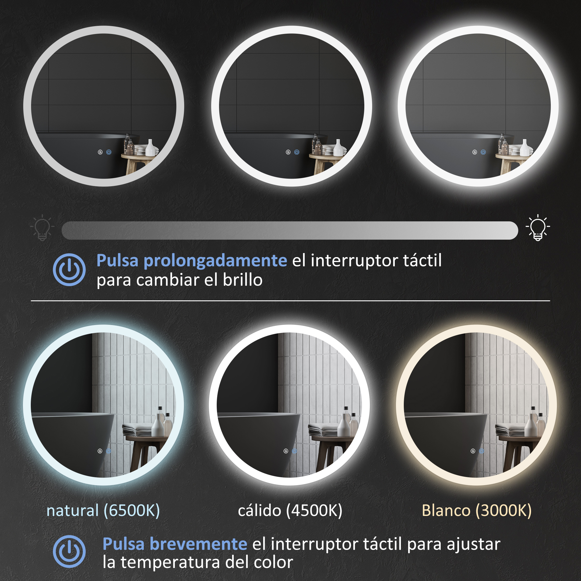 Espejos iluminados muestran ajustes de brillo y temperatura de color.