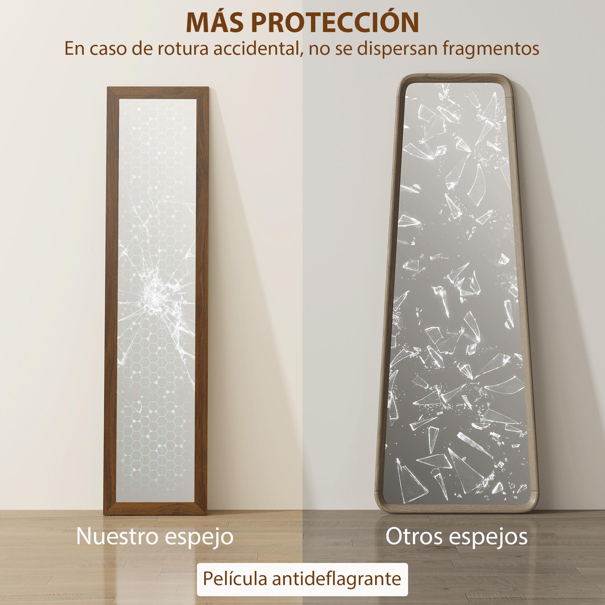 Comparación de espejos: uno intacto con patrón, el otro roto.