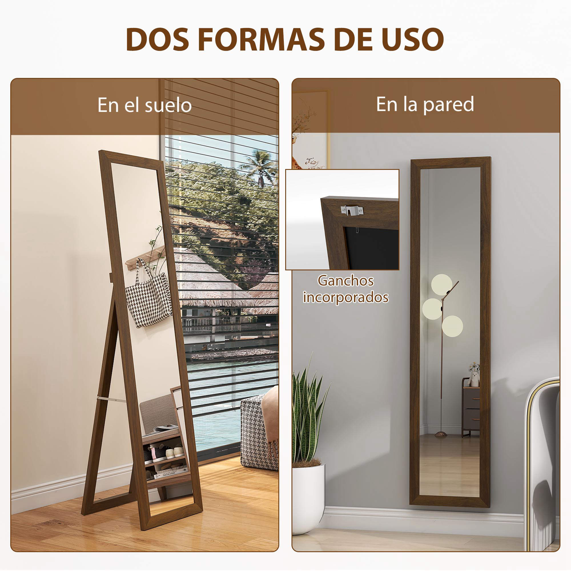 Un espejo en el suelo y otro en la pared. Uno muestra zapatos, el otro un taburete.