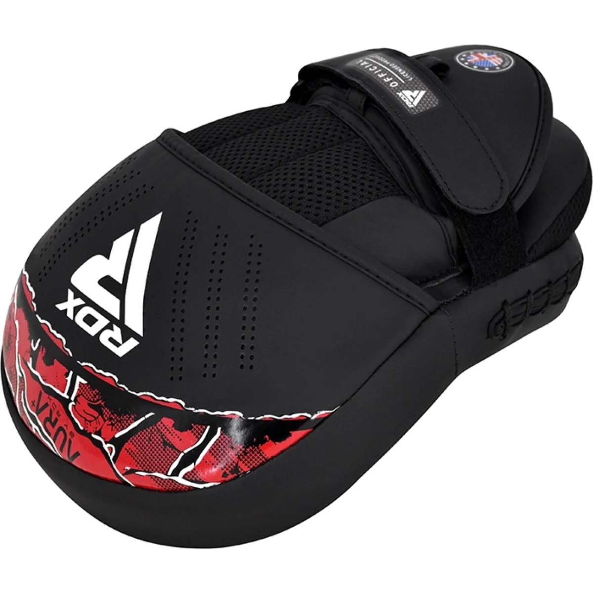 Black RDX boxing mitt with red graphic design. Features mesh padding and strap.