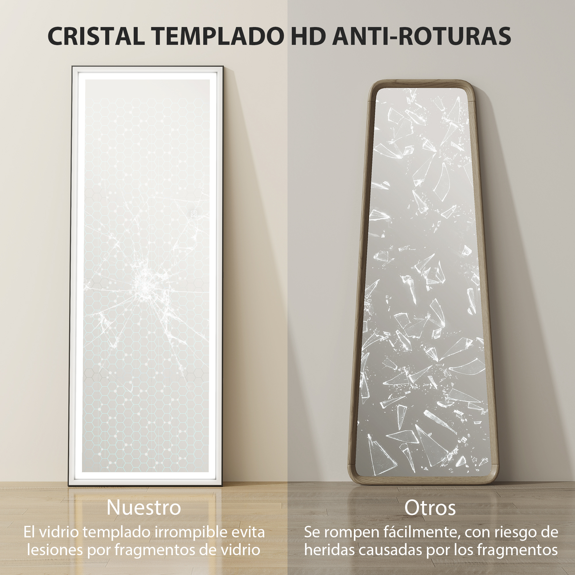 Dos espejos: uno intacto, otro roto. Comparando durabilidad y seguridad.