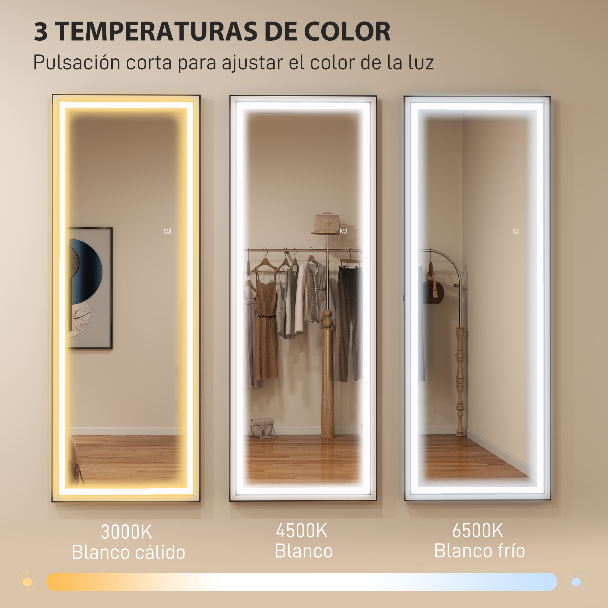 Tres espejos que muestran diferentes colores de luz: blanco cálido, blanco neutro.