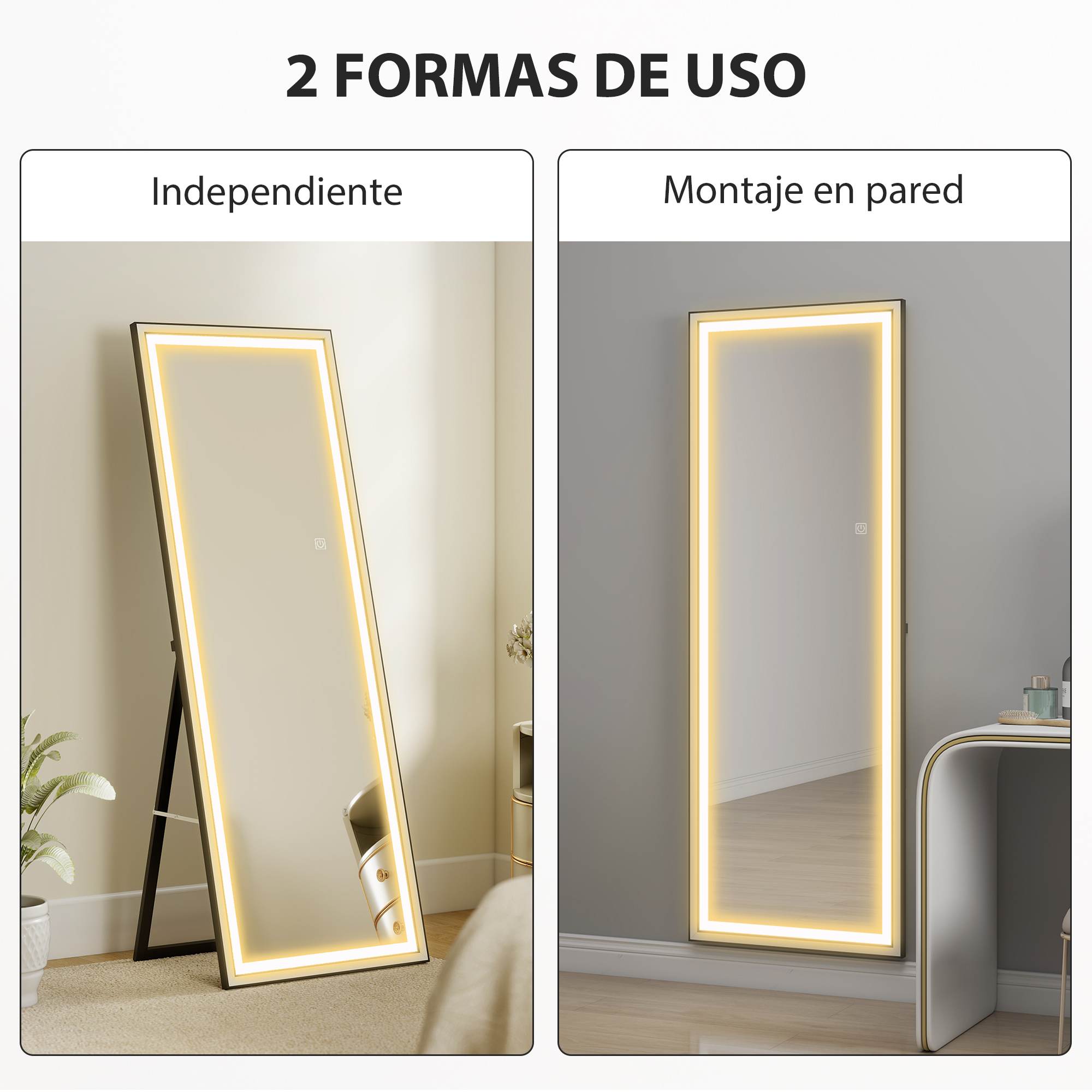 Un espejo rectangular con iluminación LED, mostrado independiente y montado en pared.