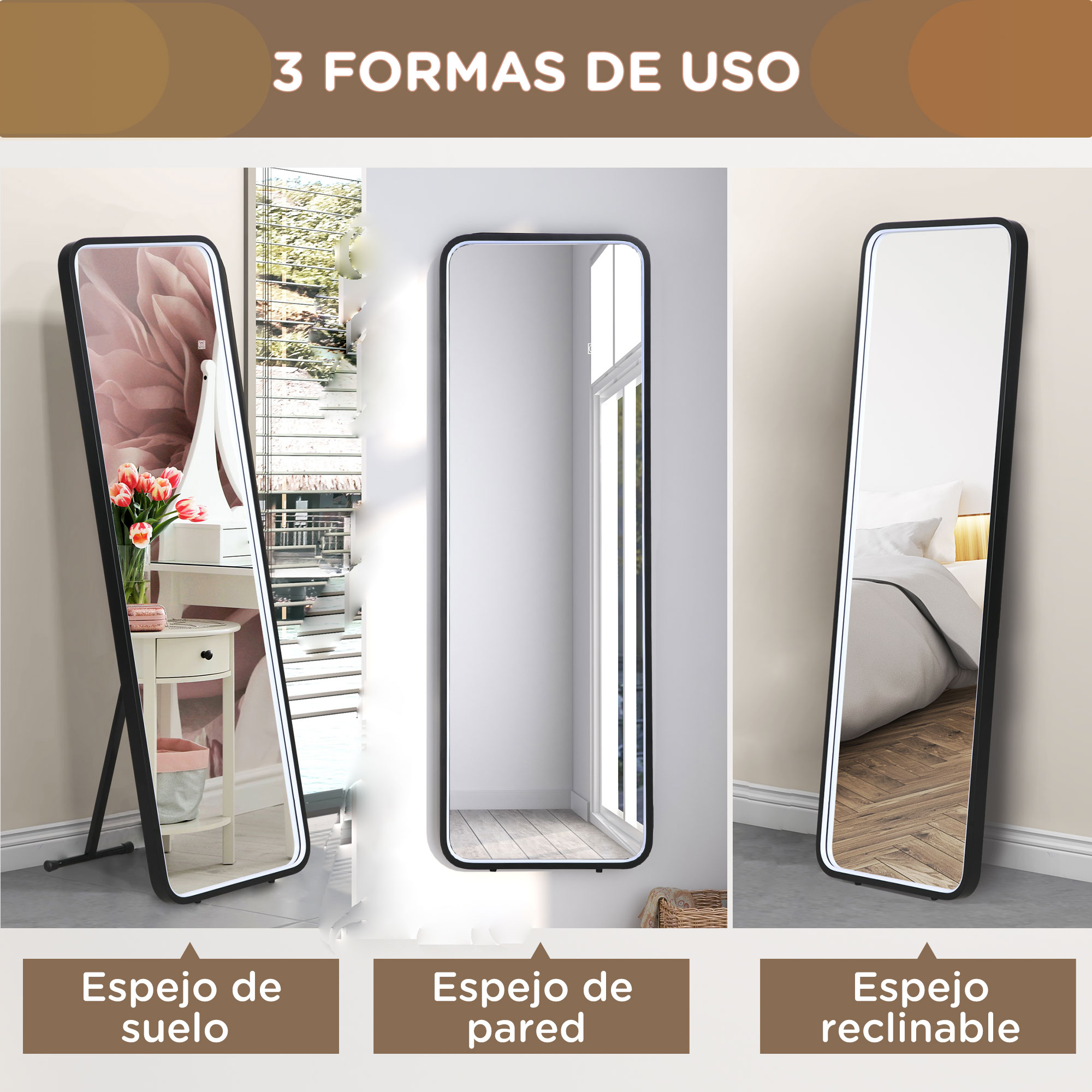 Tres espejos en diferentes ambientes: de suelo, pared y reclinable.